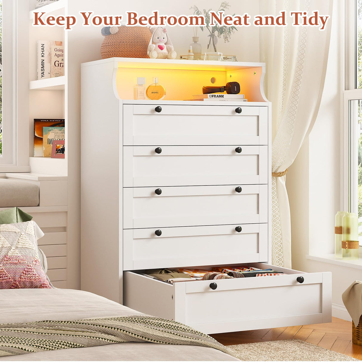 EnHomee Dresser for Bedroom, White Dresser with LED, Tall Dresser with 5 Wood Drawers, White Dresser for Bedroom, Bedroom Dressers & Chests of Drawers, Dressers for Bedroom with Metal Handles EnHomee