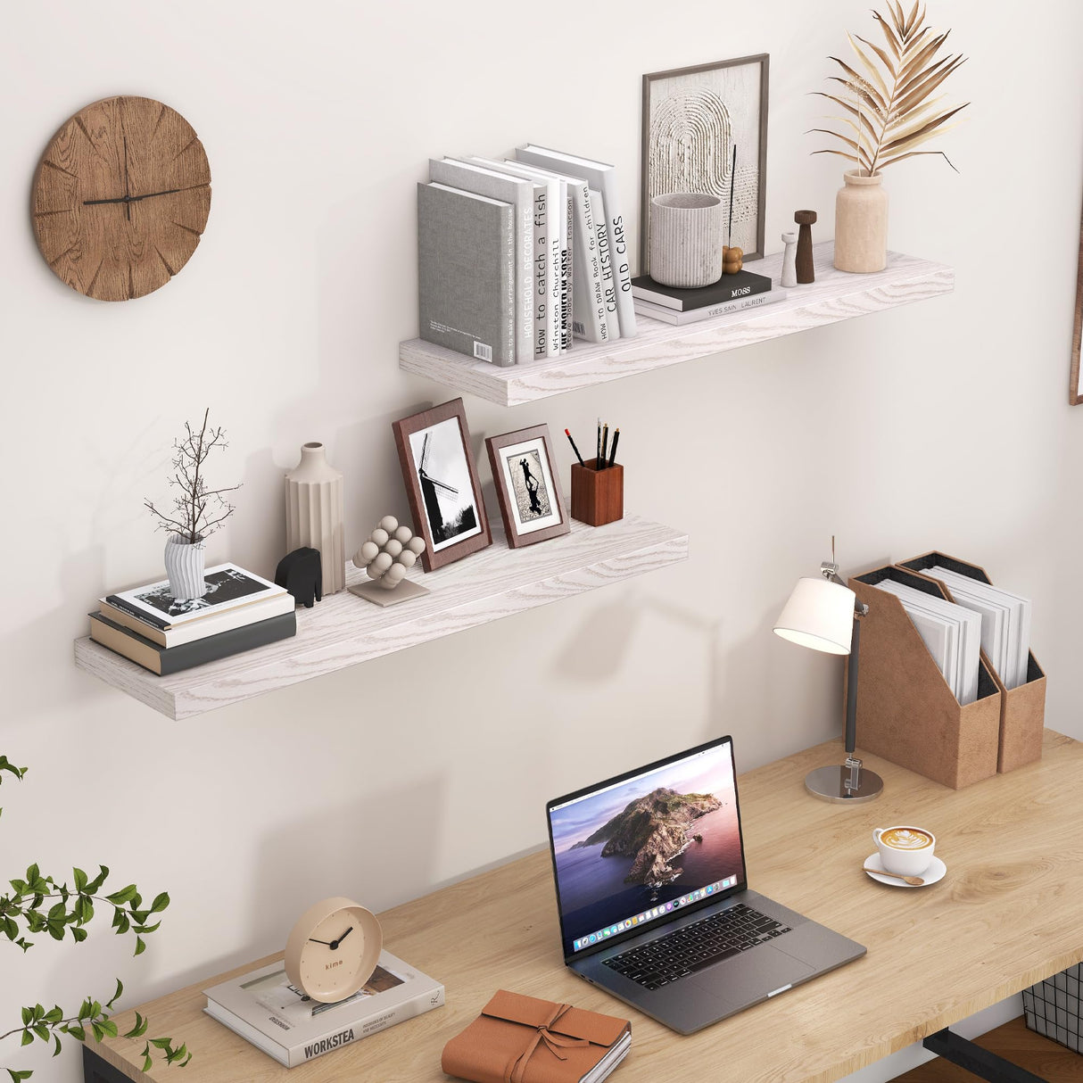 Fun Memories 24W x 9.3D Floating Shelves, 9.3" Deep Wall Shelves Set of 2, Farmhouse Rustic Wood Shelf 24 Inch Long, Large Display & Storage Shelves for Book, Living Room, Bathroom, Kitchen - Brich Fun Memories