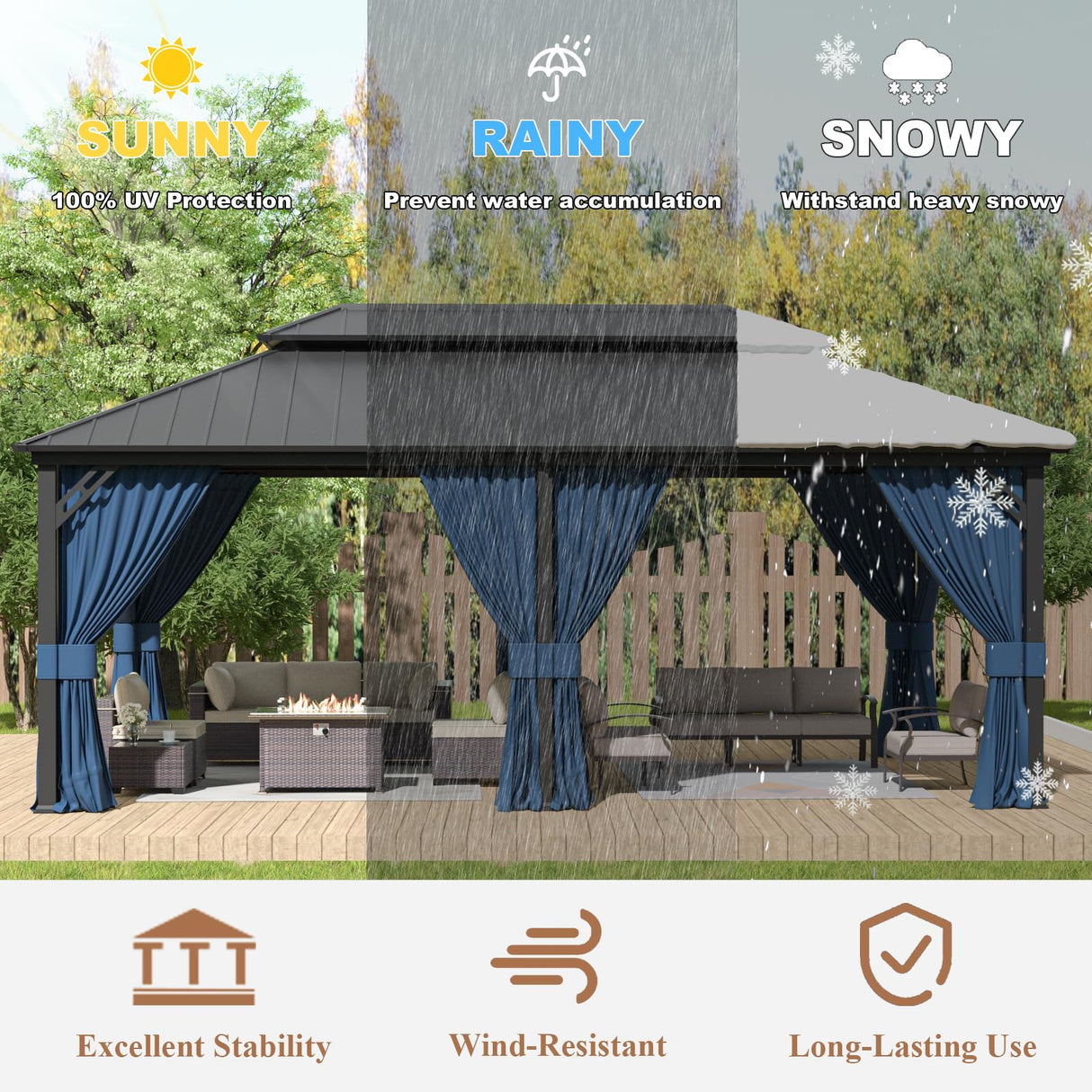 Kurapika 12' x 20' Hardtop Outdoor Metal Gazebo with Galvanized Steel Double Roof Canopy, Curtain and Netting, Aluminum Permanent Pavilion Gazebo, Navy Blue Kurapika