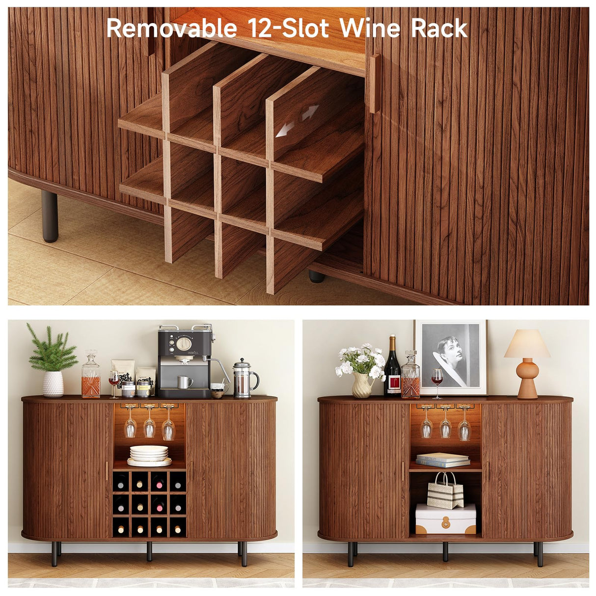 ONBRILL 55" Wine Bar Cabinet with LED Light,Modern Liquor Whiskey Coffee Station with Wine Rack and Glass Holder, Farmhouse Buffet Sideboard with Storage for Living Room, Kitchen, Entryway (Walnut) ONBRILL