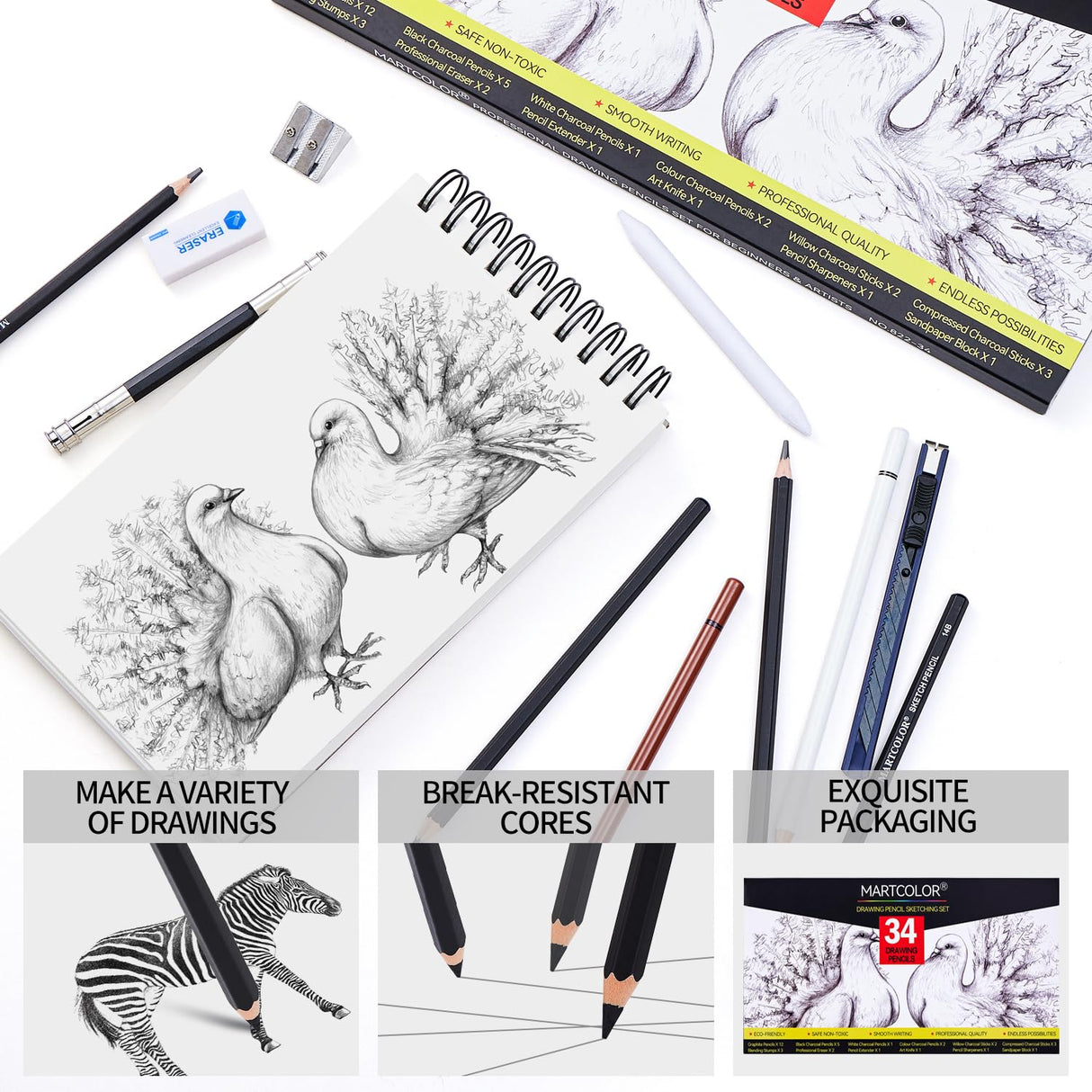 MARTCOLOR Drawing Sketching Pencils Set, 34 Pieces Pro Art Pencil Kit - Graphite Pencils (14B-4H), Charcoal Pencils, Charcoal Sticks, Artist Pencils for Beginners & Pro Artists MARTCOLOR