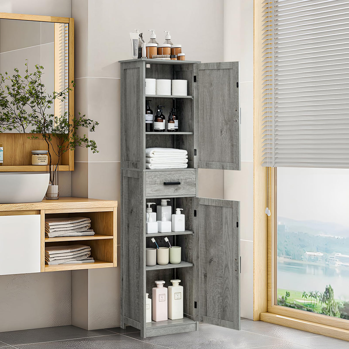 Tall Grey Bathroom Cabinet with 6 Shelves, 2 Doors & Drawer for Narrow Spaces WEENFON