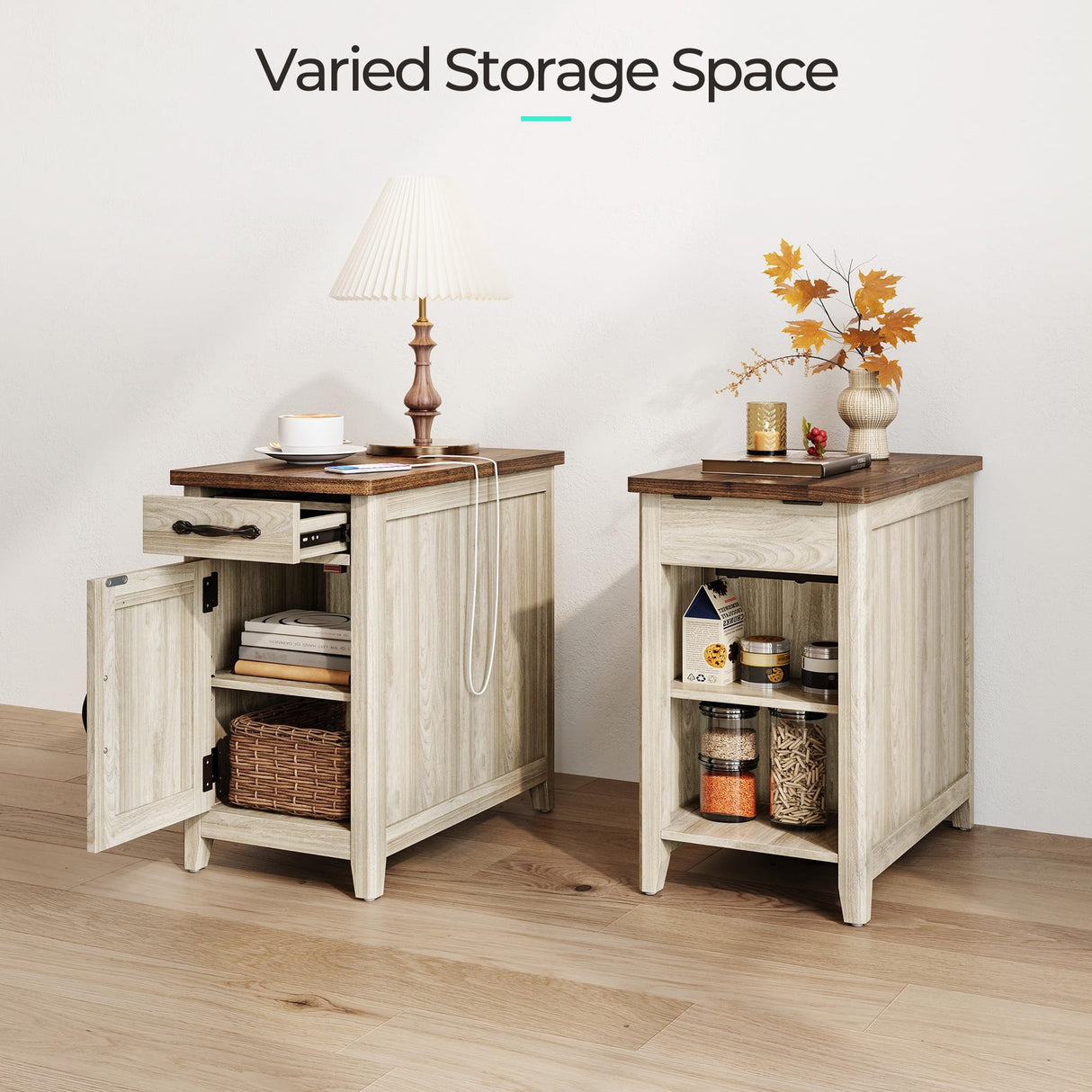LINSY HOME Farmhouse End Table with Charging Station, Narrow Side Table for Living Room, Sofa Side Table with Drawer and Storage Cabinet, Small Nightstand for Bedroom LINSY HOME