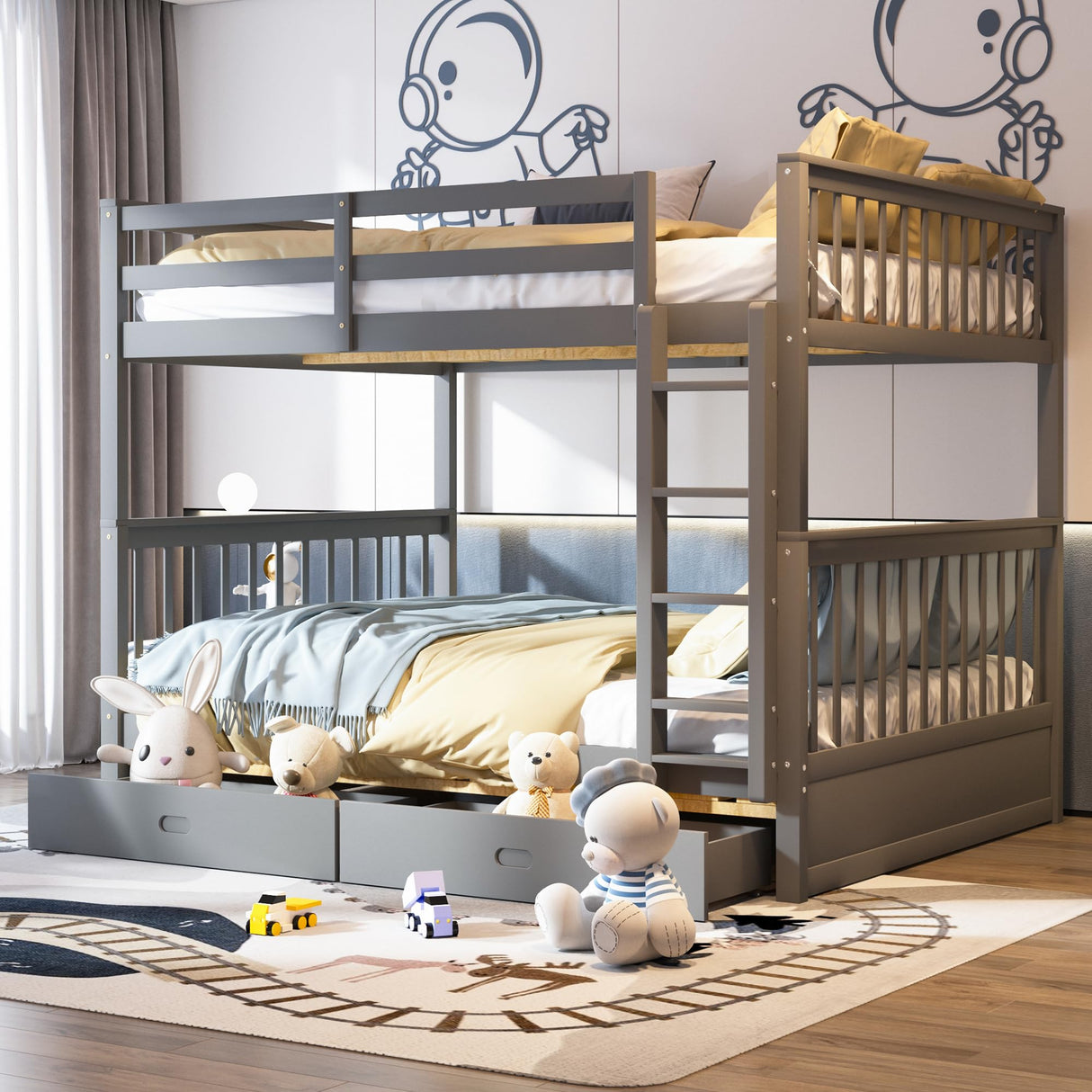 Merax Grey Solid Wood Convertible Bunk Bed with Storage Drawers and Ladders, Full Over Full Merax