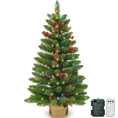 12 Modes & Remote Control - 3 Ft Christmas Tree, Artificial Tabletop Small Christmas Tree Timer 50 Warm White & Multicolored Lights Pine Cones Red Berried Classics Branch Xmas Tree Home Table Decor
