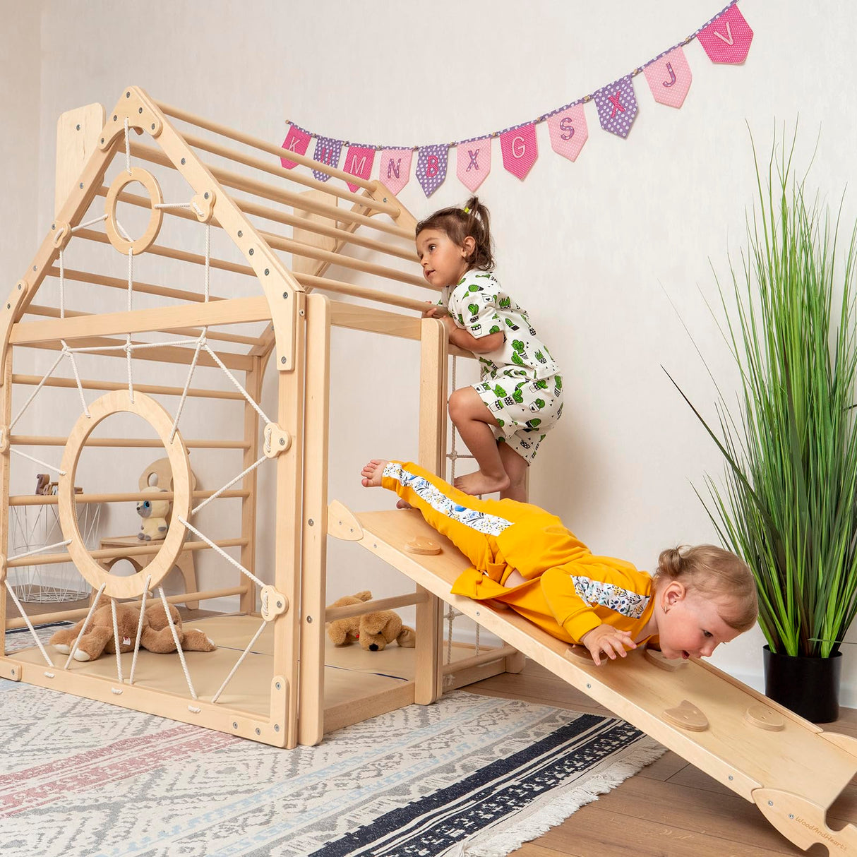 Woodandhearts Toddler Gym Playhouse, Indoor Playground, Toddler Playground, Montessori Climbing Set (Ramp, Natural Wood) Wood And Hearts