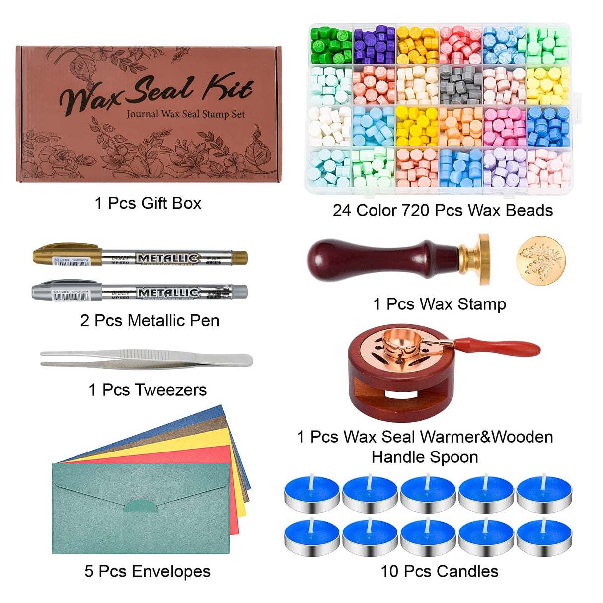 iTERYOU Wax Seal Kit - 624Pc Stamp Kit with 24 Colors, Spoon, 10 Tea Candles, Warmer, Pen Iteryou