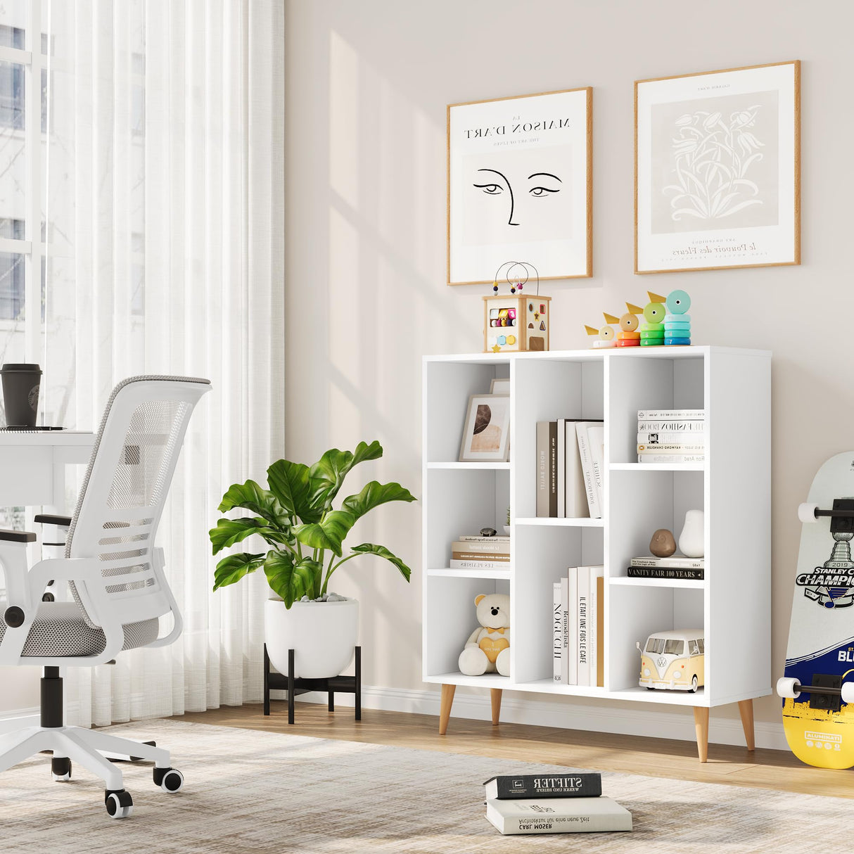 FACBOTALL Modern Minimalist White Bookshelf with 8 Cube Open Shelves for Stylish Storage FACBOTALL