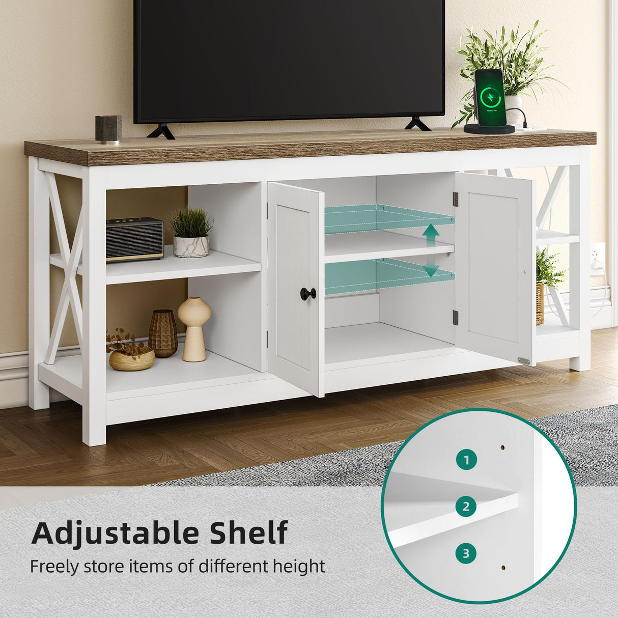 YITAHOME TV Stands for Living Room, Modern Entertainment Center with Power Outlets for Television up to 65 Inch, Farmhouse Media Console TV Cabinet with Adjustable Shelf & Open Shelves, White YITAHOME