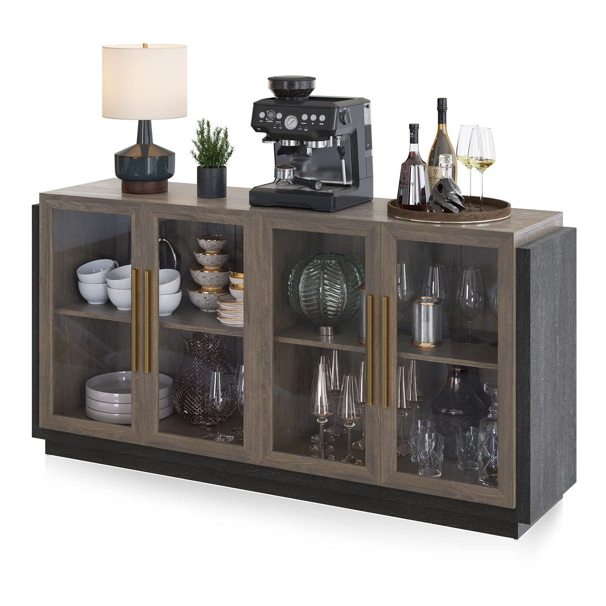 BELLEZE Sideboard Buffet Cabinet, Modern Wood Glass-Buffet-Sideboard with Storage, Console Table for Kitchen, Dining Room, Living Room, Hallway, or Entrance - Brixston (Brown) BELLEZE