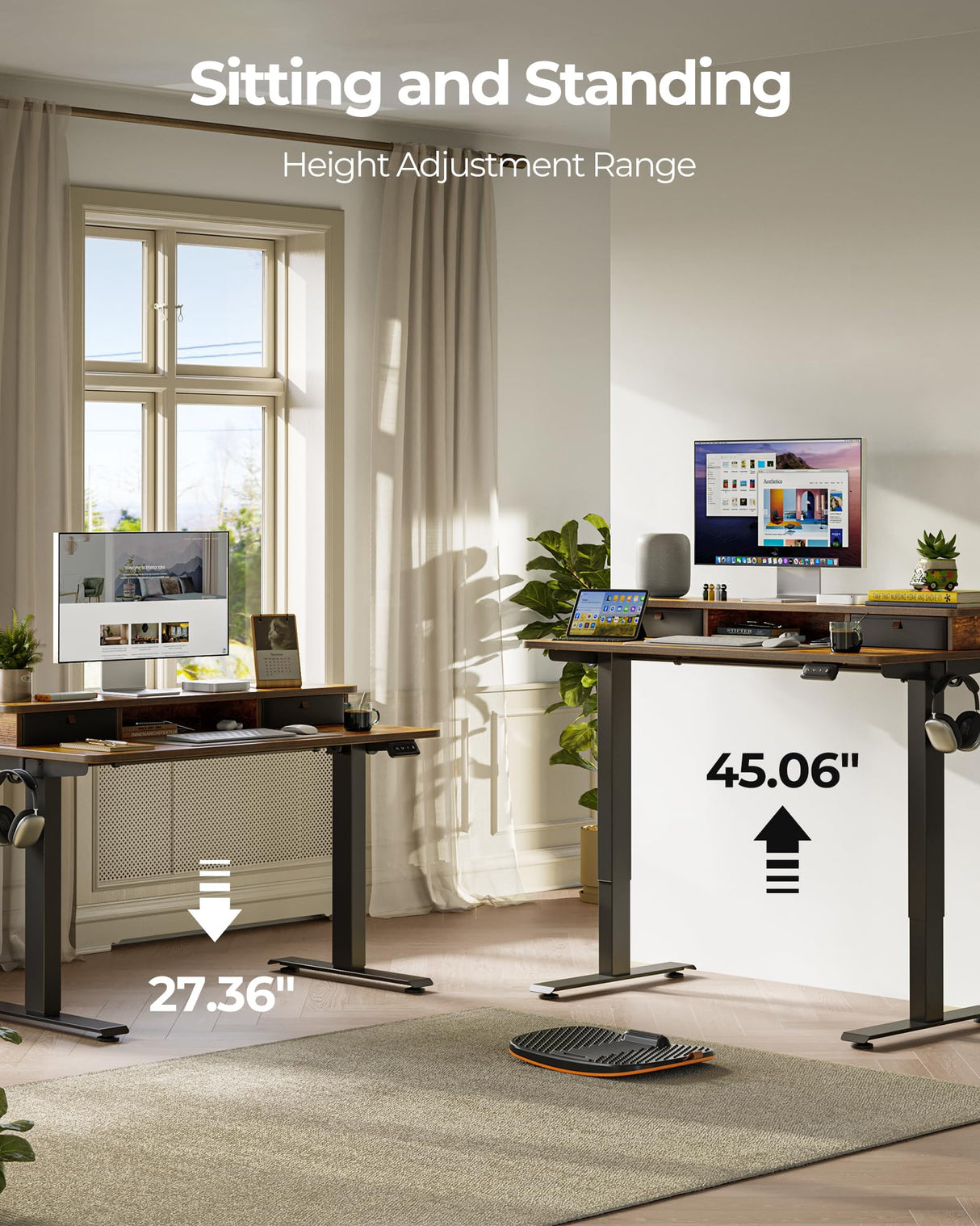 FEZIBO 48 x 24 Inch Height Adjustable Electric Standing Desk with Double Drawers, Stand up Desk, Home Office Computer Workstation with 4 Height-Adjustable Feets & 2 Hooks, Rustic Brown FEZIBO