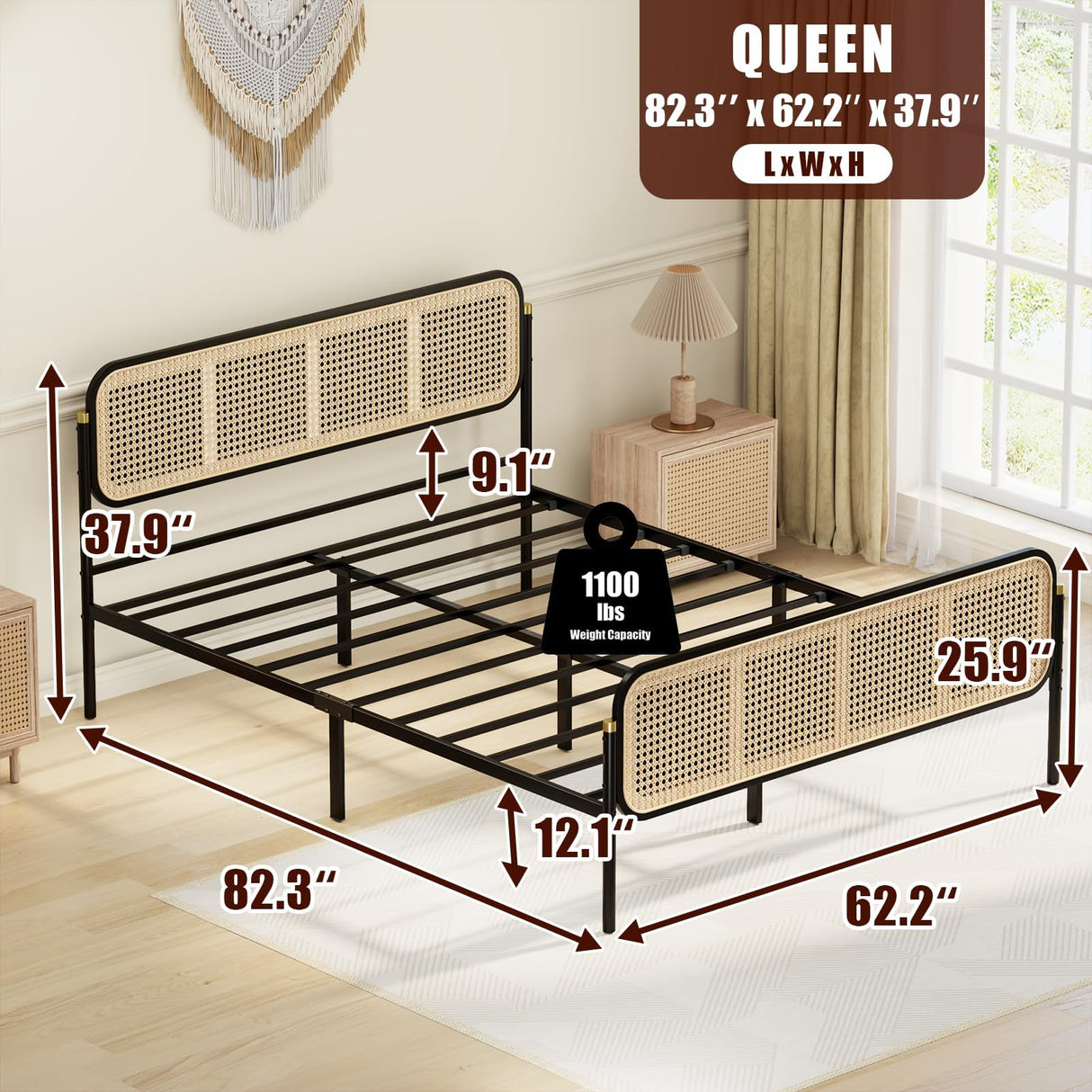 VOPEAK Rattan Bed Frame Queen Size with Headboard, Boho Bed Frame, Queen Bed Frame with Strong Metal Slats Support, Easy Assembly Mattress Foundation, Noise Free, No Box Spring Needed, Black VOPEAK
