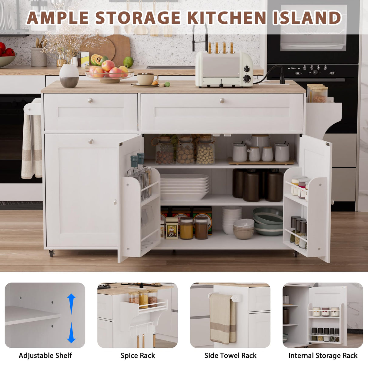 Kitchen Island on Wheels with Storage, Rolling Kitchen Islands with Drop Leaf&Power Outlet, Mobile Kitchen Island Cart with Trash Can Storage, Spice Rack, Towel Rack, Storages Cabinet ,Drawers SAHISTCT