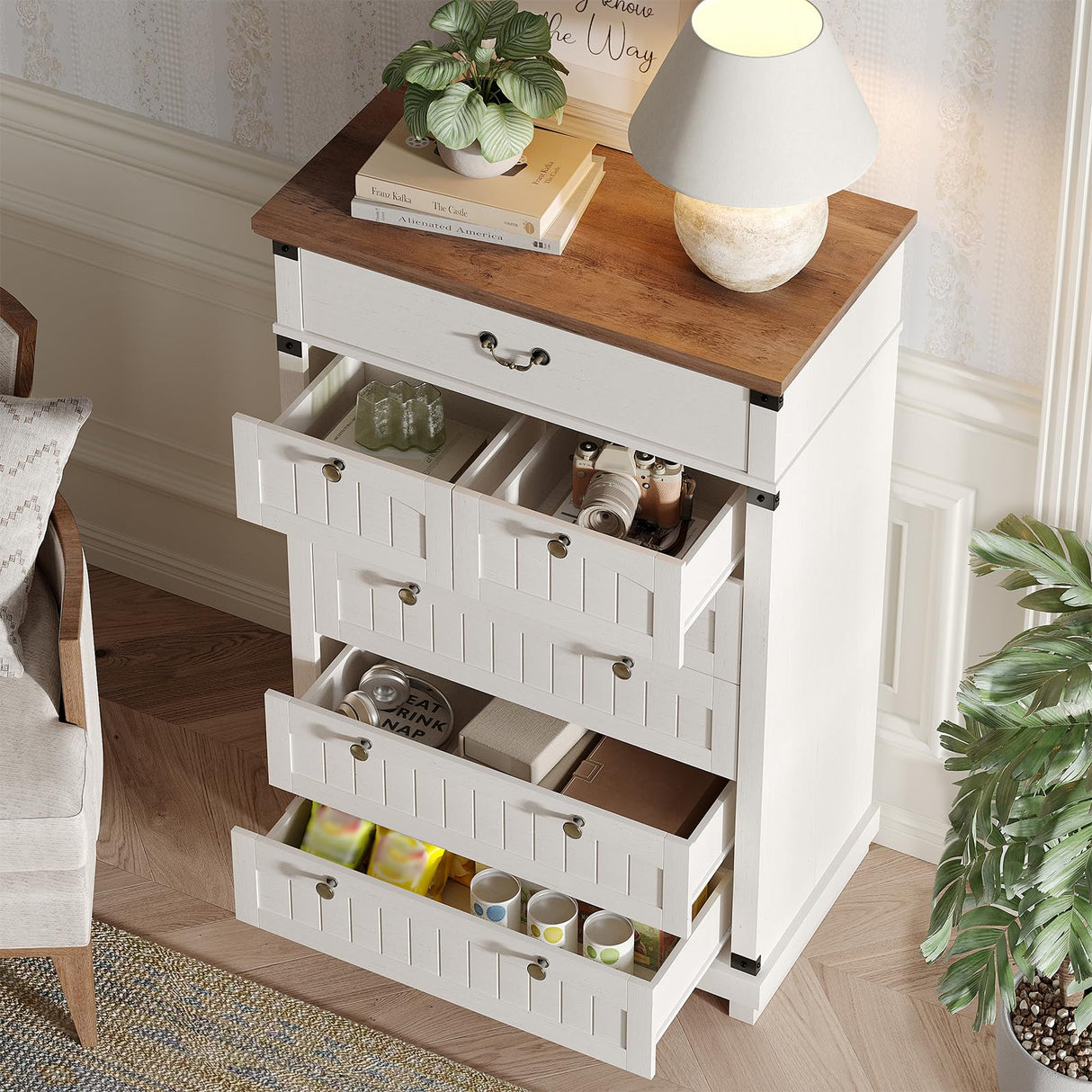 Maupvit Farmhouse 7 Drawer Dresser for Bedroom, 47" Tall Dresser Wood Chest of Drawers, Organizer Drawers for Bedroom, Living Room, Storage Room, Antique White Maupvit