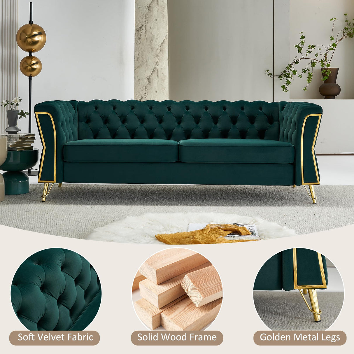 Tmsan 87.4" Velvet Sofa Couch, Mid-Century Modern Chesterfield Loveseat Classic Button Tufted 2 Seater Couch with Golden Legs for Living Room Office Bedroom (Emerald) Tmsan