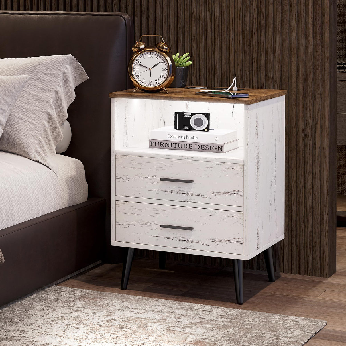 LVSOMT Nightstands Set of 2, White Nightstand with Charging Station, Night Stands with Human Body Induction, Bedside Tables with 2 Drawers, Open Shelf, Modern Night Stand for Bedroom LVSOMT