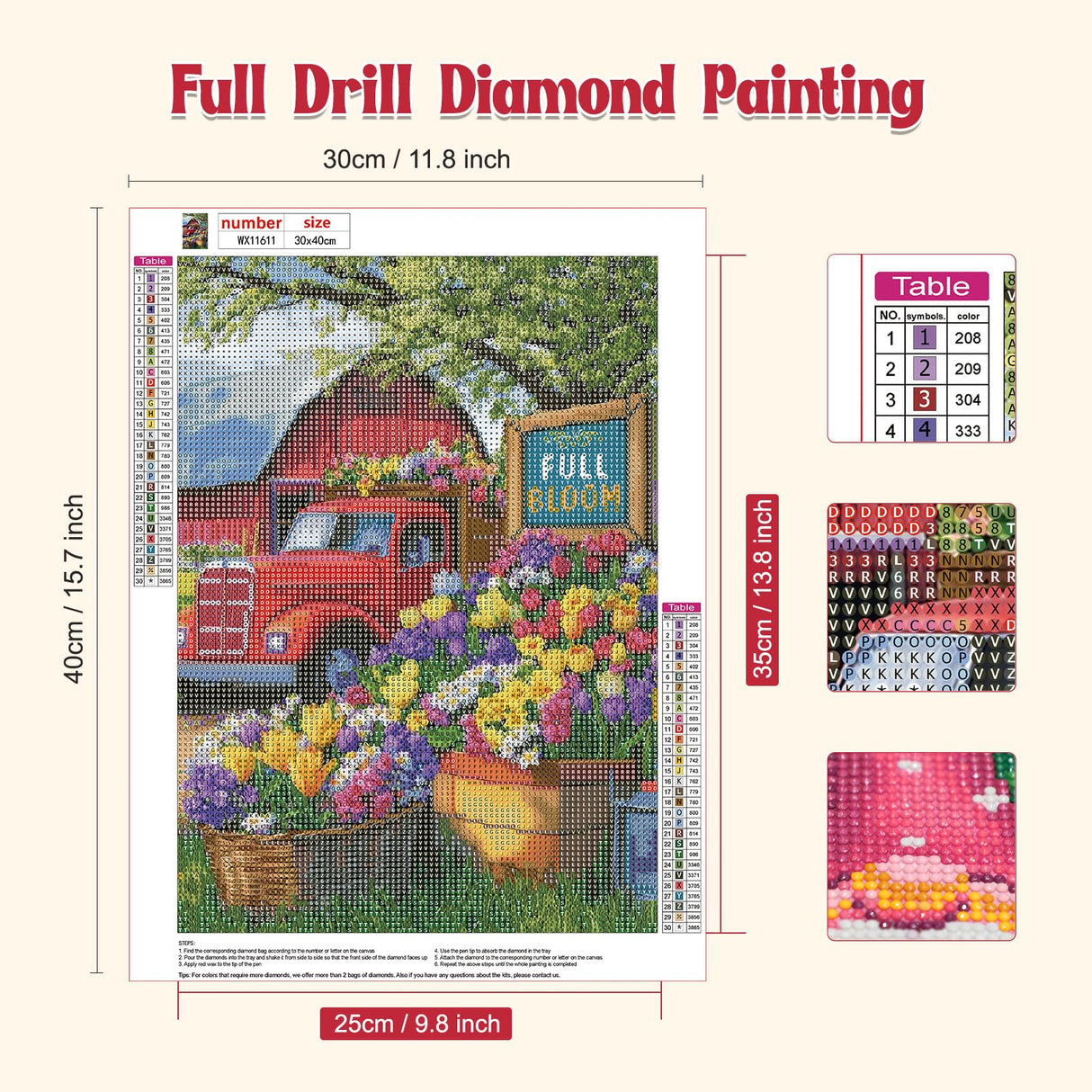 GHHKUD Flowers Diamond Painting Kits for Adults, DIY 5D Red Truck Diamond Painting, Full Drill Flowers Diamond Art Kits Art Pictures Perfect for Relaxation and Home Wall Decor 30x40cm GHHKUD