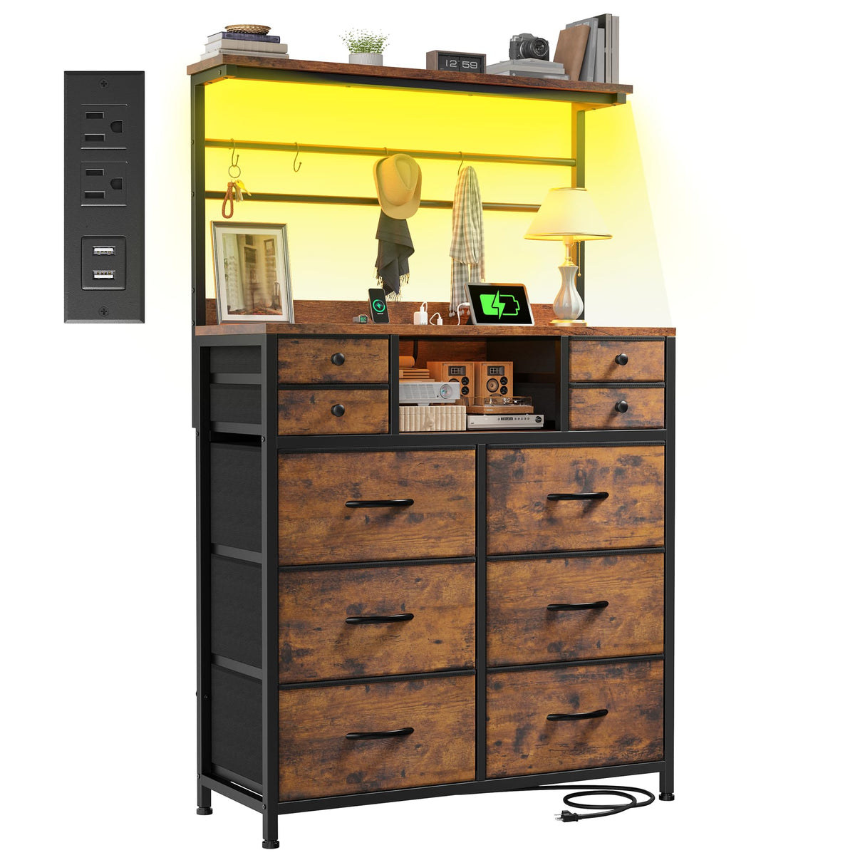 63" H Dresser for Bedroom with 10 Drawers, Fabric Dresser with Charging Station and LED Lights,Dressers & chests of Drawers with Open Shelves for Bedroom, Entryway, Rustic Brown EnHomee