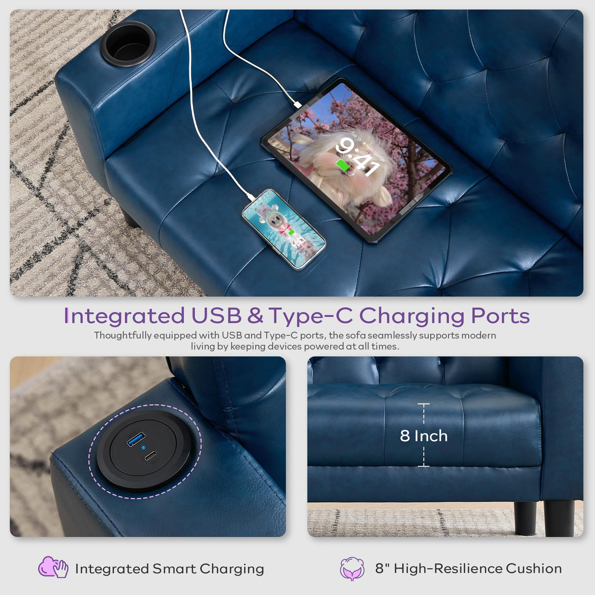 TYBOATLE 62" W Leather Loveseat w/ 2 USB and 2 Cupholders, Mid-Century Modern Tufted Small Love Seat Couches for Office, Living Room, Bedroom, Dorm (1, Blue) TYBOATLE