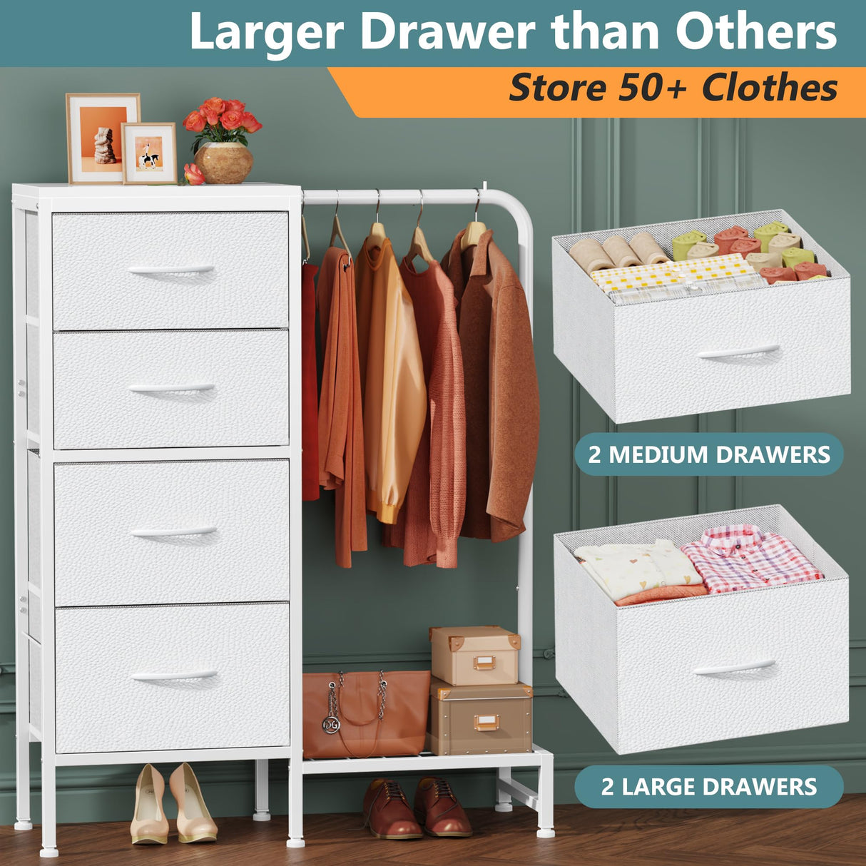 HIGDBFE Dresser with Hanging Rack, 4 Drawers Small Dresser for Bedroom, Reversible Fabric Kids Chest of Drawers for Closet with Clothes Rack, Tall Storage Tower, Sturdy Frame, White, 44''H HIGDBFE