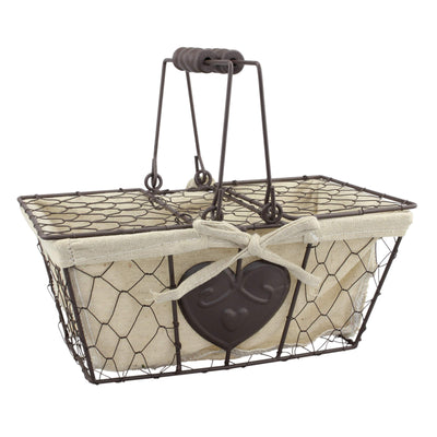 Stonebriar Farmhouse Metal Chicken Wire Picnic Basket with Hinged Lids, Handles, and Heart Detail