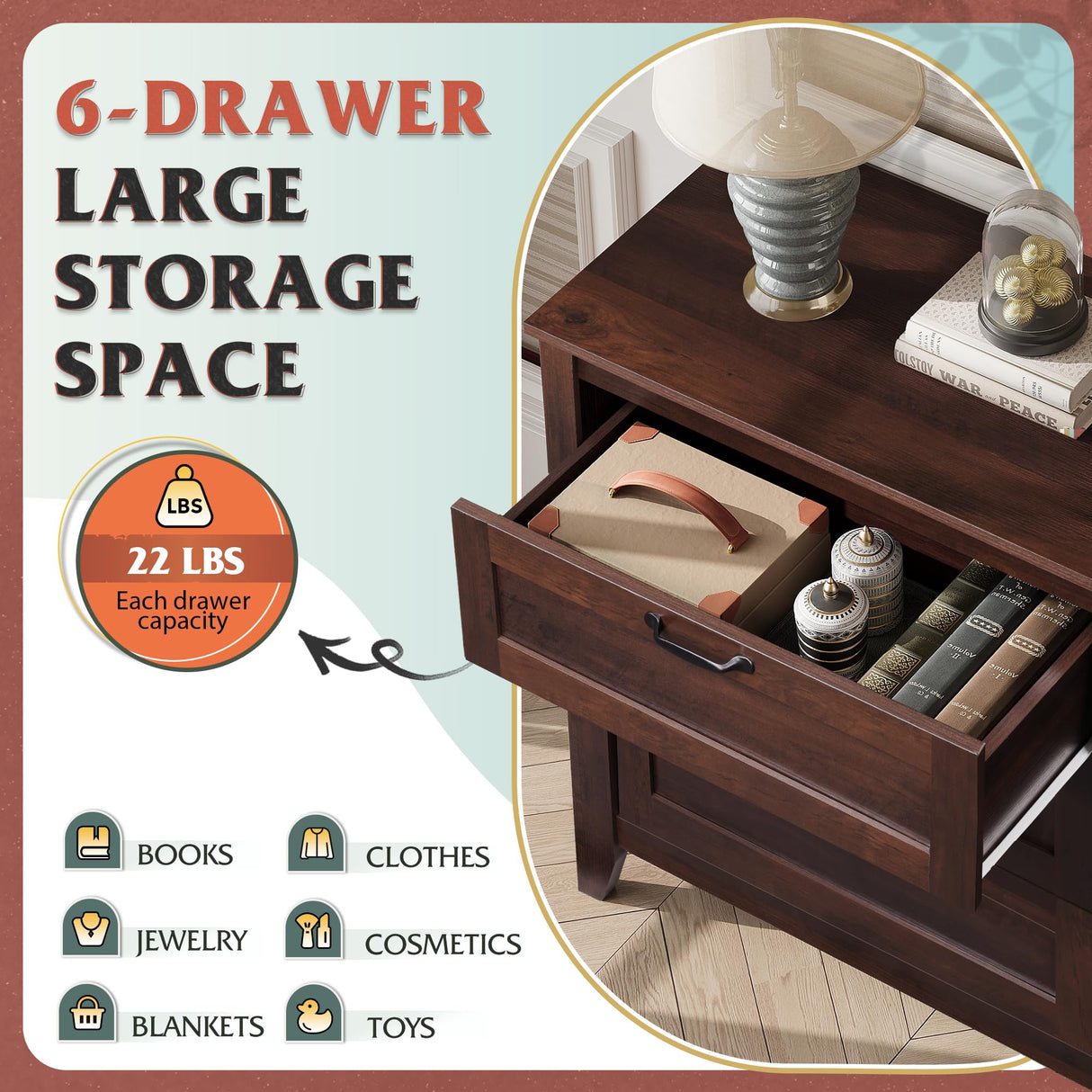 WLIVE 6 Drawer Dresser, Retro Chest of Drawers with Metal Handle, Double Wood Dresser for Bedroom, Living Room, Large Storage Cabinet, Brown WLIVE