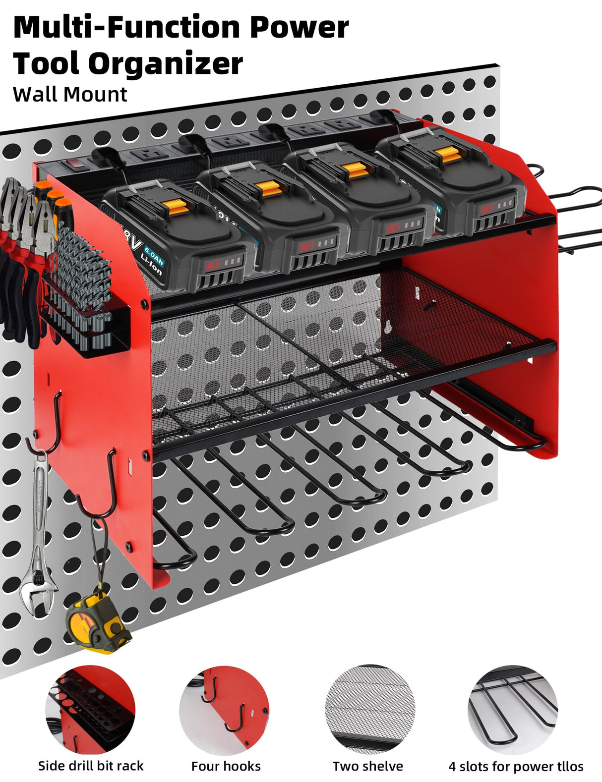 Power Tool Organizer wtih Charging Station,3 Layers Storage Rack with Screwdriver Rack 6 Drill Holders 8 Outlets Max Load 110lbs,for Workshop Garage Organizers and Storage Tool Battery Holder (Red) YOUNITA