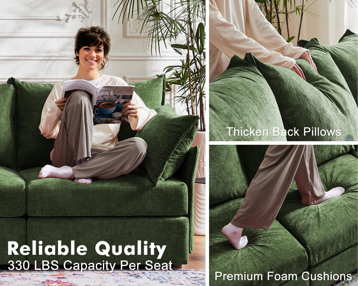 ABCASA Oversized Loveseat Sofa, Modern Modular Sectional Couch Green Fluffy Chenille Mid Century 2-Seat 24.5" Deep Seat for Apartment, Living Room, Bedroom ABCASA