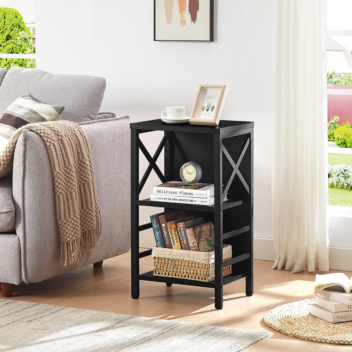 MNEETRUNG Small Bookcase,3 Tier Industrial Short Bookshelf with Metal Frame and Backboard,Low Black Bookshelf, Small Office Book Shelf for Small Spaces, Living Room, Bedroom and Home Office MNEETRUNG