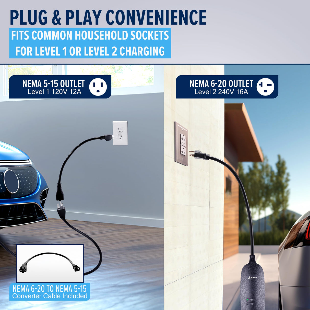 Asani Level 1 & 2 EV Charger - 110-240V at 16 Amps - Portable Electric Vehicle EV Charger with NEMA 6-20 with NEMA 5-15 Adapter Plug for J1772 Electric Cars Asani