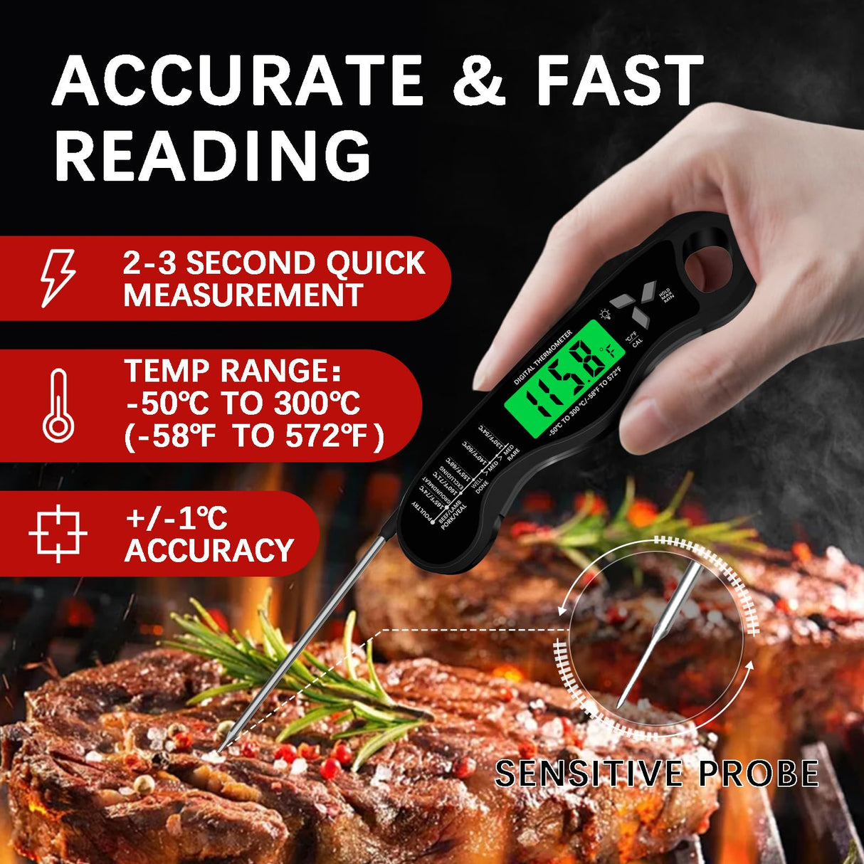 Meat Thermometer Digital,IP67 Waterproof Cooking Thermometer with Backlight, Calibration & Hold Function,Food Thermometer for Cooking,Outdoor Grilling,Candy Making Giftsfaloy