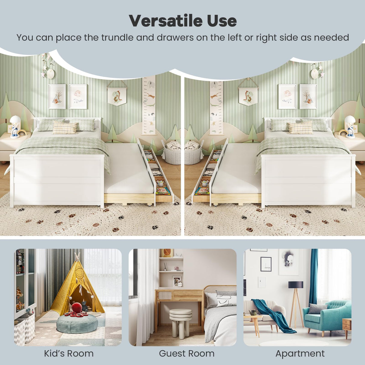 Giantex Full Size Bed Frame with Twin Trundle & 3 Storage Drawers, Modern Platform Bed with Headboard & Footboard, Wooden Slats Support Captain Bed for Teens Adults, No Box Spring Needed, White Giantex