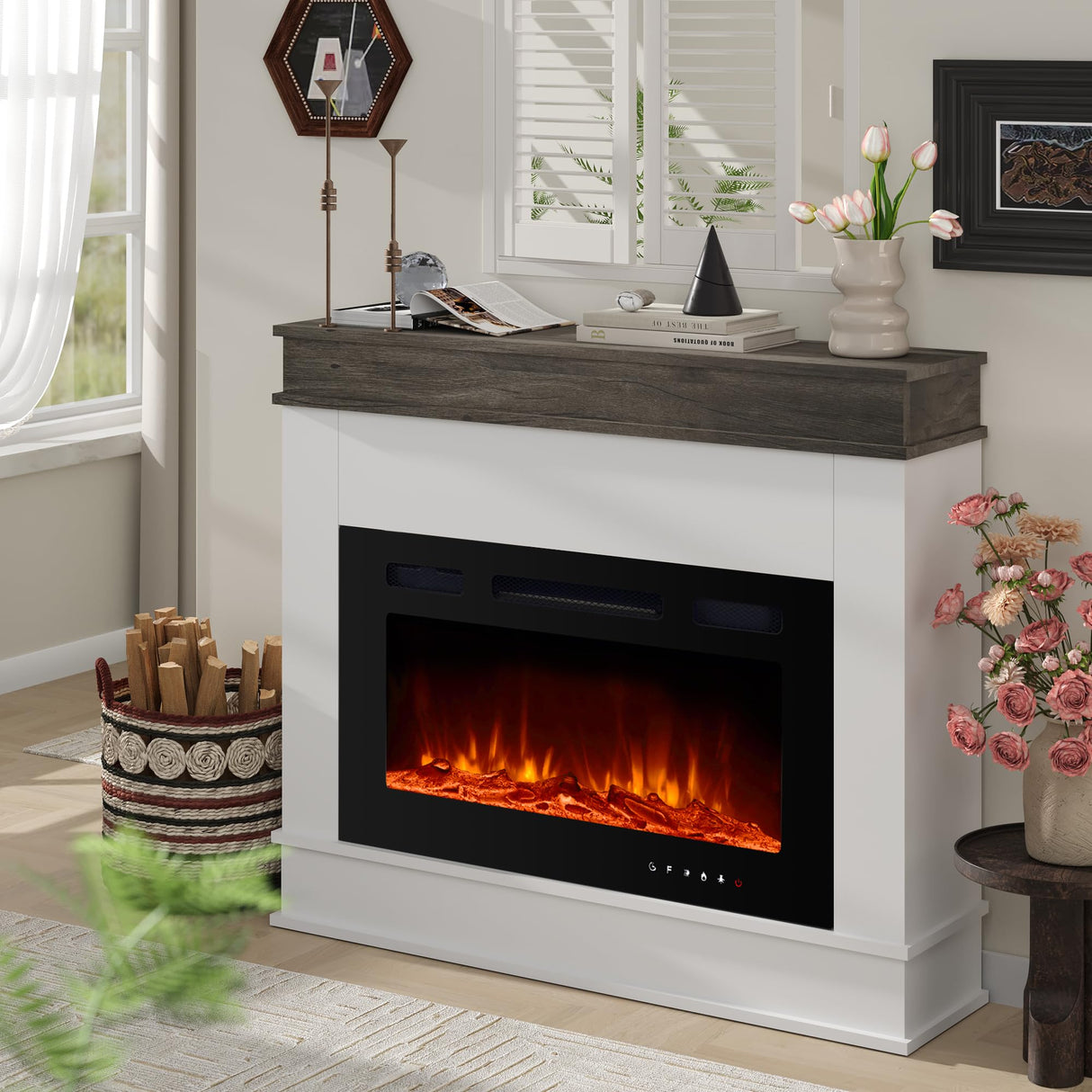 ERGOSOFT 39" Electric Fireplace with Mantel, Fireplace TV Stand with 30" Electric Fireplace Heater, Low Noise, Remote Control, Touch Screen, Timer, Adjustable Flame Color & Brightness ERGOSOFT
