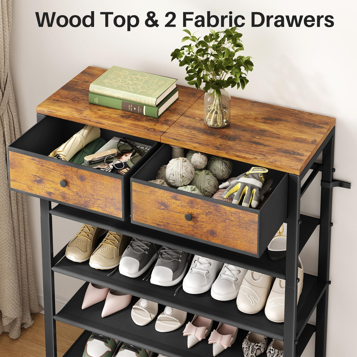 Kitstorack Shoe Rack, 4 Tier Shoe Organizer for 9-12 Pairs of Shoes, with 2 Drawers, 3 Fabric Shelves and Wooden Top, Shoe Rack for Closet Entryway, Rustic Brown Kitstorack