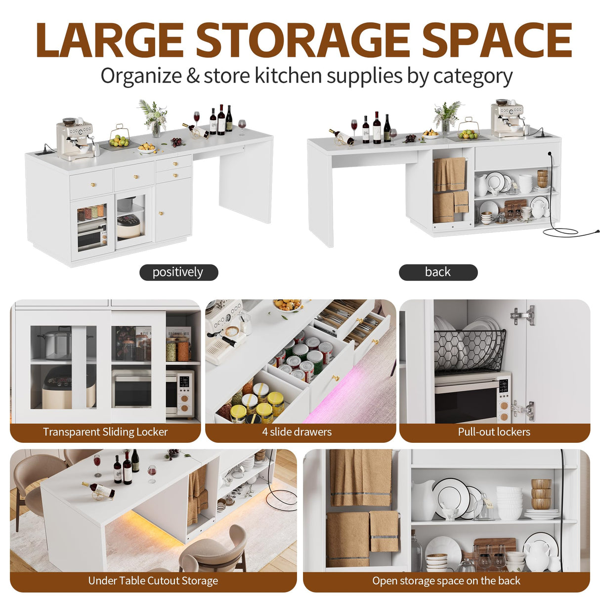 PAKASEPT Kitchen Island with Stationary Dining Table, 78.7" Storage Islands with LED Light, 4 Drawers, Open Shelves, 1 Cabinet, Power Outlet, Breakfast Bar Counter - Kitchen Table Coffee Bar PAKASEPT