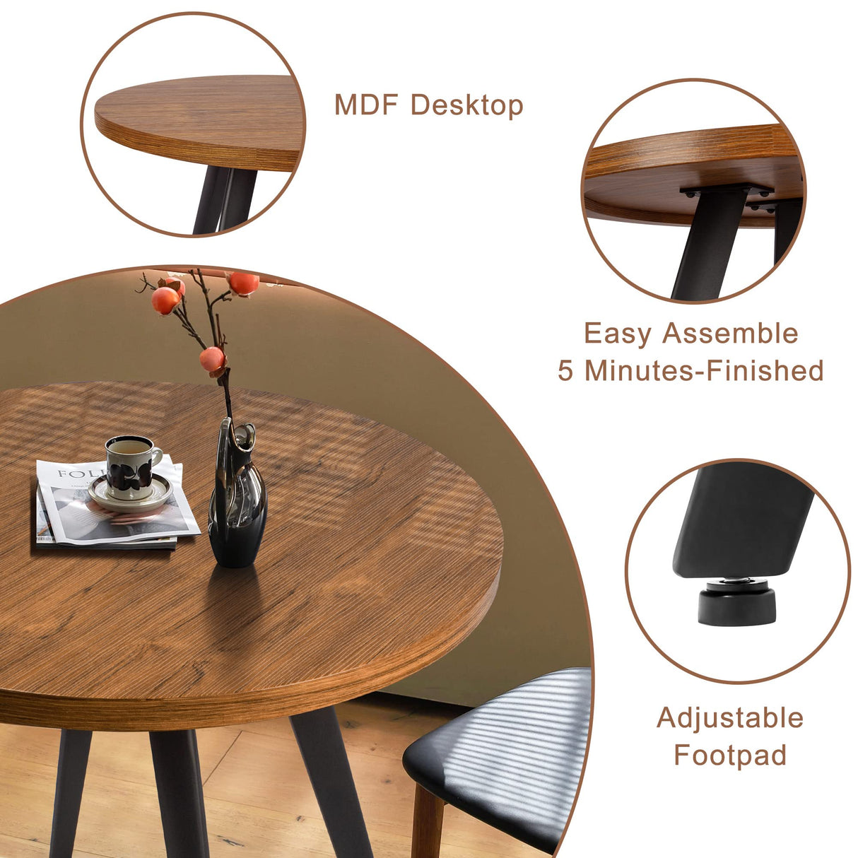 Comfy to go Round Dining Table, 31.5" Small Kitchen Table for 2-4 Person, Mid Century Modern Dining Table with 1.4" Thickness Wood Grain Tabletop for Dining, Living Room, Small Space (Brown) Comfy to go