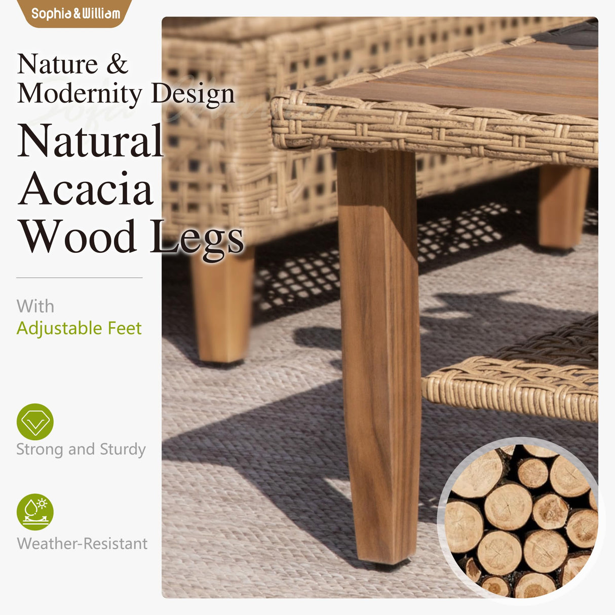 Sophia and William Boho Wicker Patio Furniture Set Outdoor Rattan Sectional Sets Conversation Set - Weather-Resistant, with Dual Storage Coffee Table Acacia Wood Legs for Garden, Patio & Deck(Beige) Sophia & William