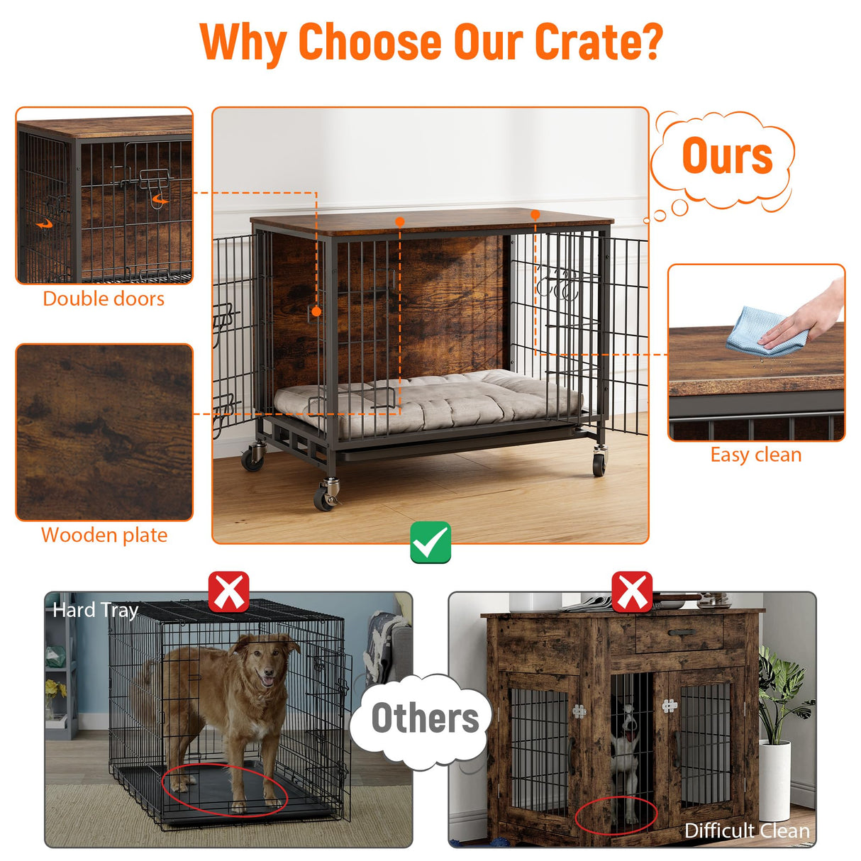 Dog Crate Furniture, 27.2" Wooden Dog Kennel with Wheels & Double Doors, Dog Cage End Table Upgraded, Indoor Dog Crate House for Small Medium Dogs, Rustic Brown GAOMON