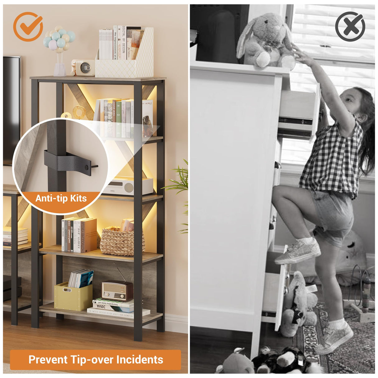 GarveeHome 3 Tier Bookshelf with LED Lights, Bookcase with Open Display Shelves, Wood and Metal Standing Bookshelf with Storage Rack for Living Room Bedroom Home Office, Grey GarveeHome