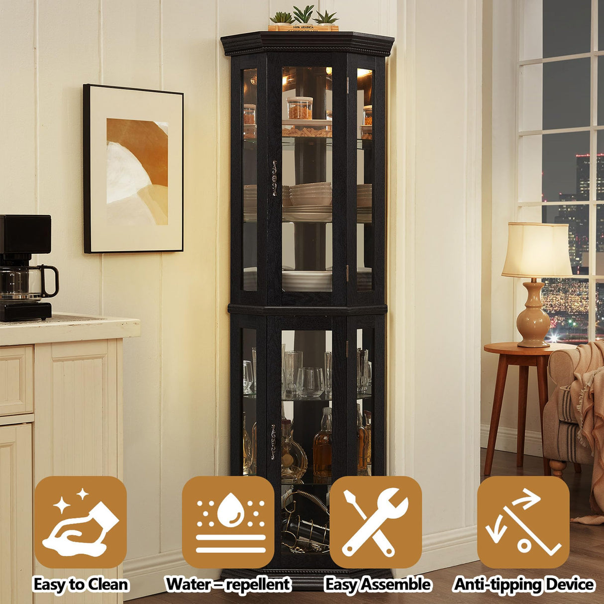 MWrouqfur 70'' Corner Curio Cabinet with Lights, Black Display Cabinet with Glass Doors, Corner China Cabinets with Adjustable Tempered Glass Shelves, Gift to Wife/Friends/Mother (Black) MWrouqfur