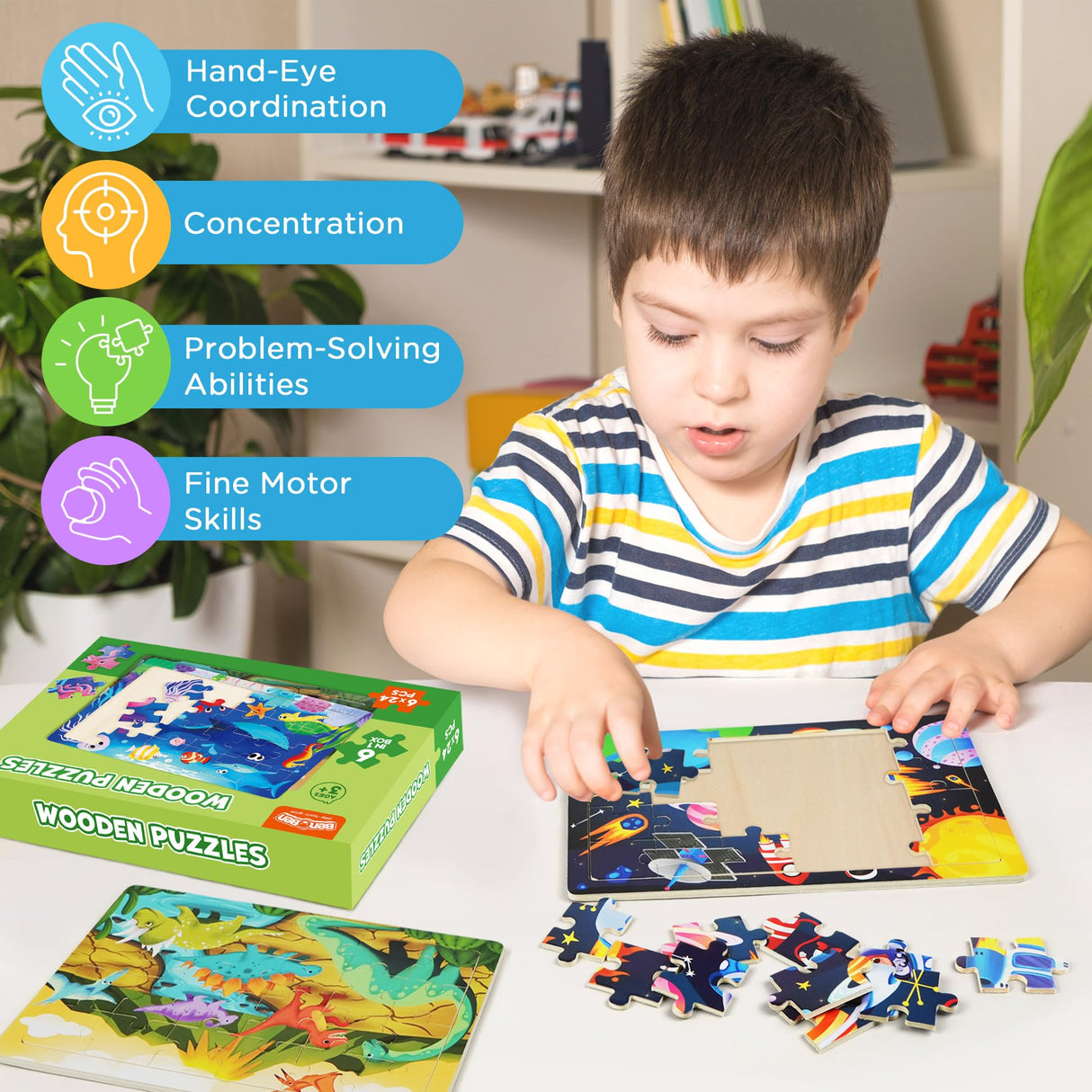 BenBen Puzzles for Kids Ages 4-6, 6 Pack 24 Piece Wooden Jigsaw Puzzles for Toddlers Ages 3-5, Preschool Learning Educational Toys for Boys Girls BenBen