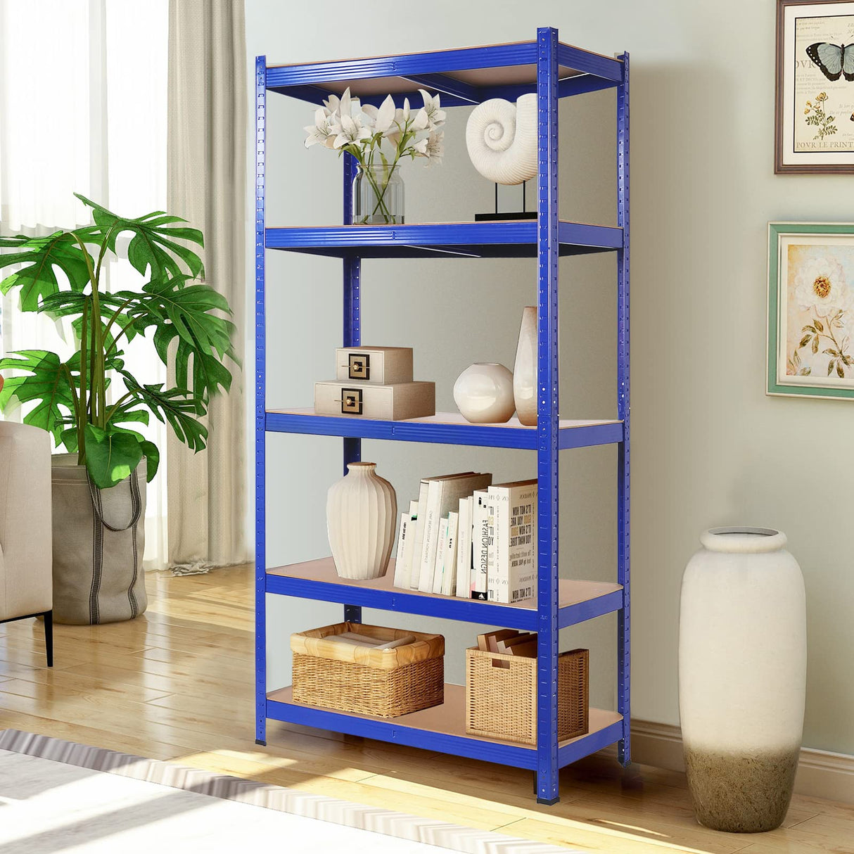 Wefrib Heavy Duty Shelf - Garage Shelving Units with 5 Tier Shelves Heavy Duty Rack with a max Load of 1900lbs for Garages, Sheds, Warehouses, Workshops (Blue, L) Wefrib
