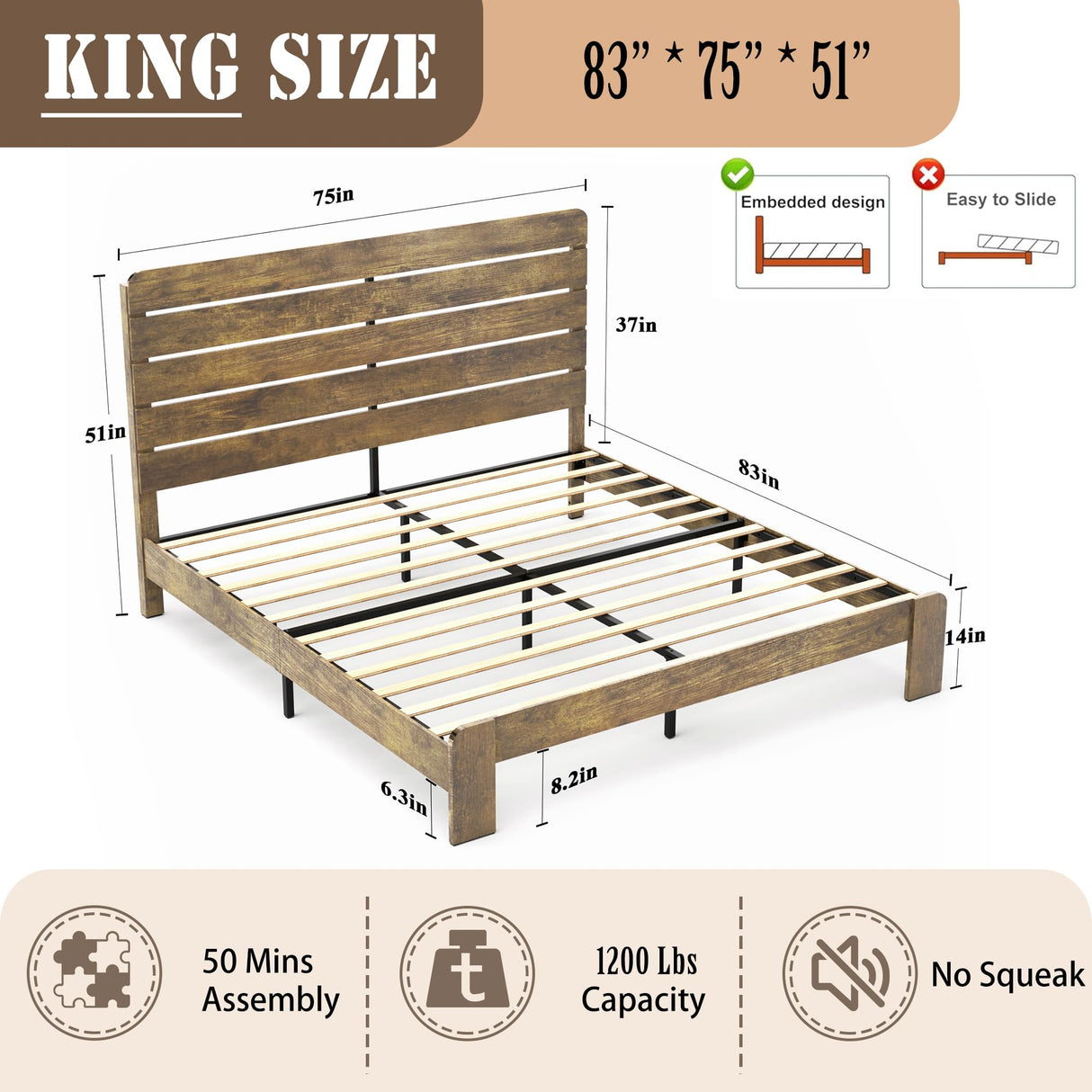 SAMTRA Wooden King Size Bed Frame with Headboard, Rustic Farmhouse Platform Bedframe with Wood Slat Support, Sturdy and No Noise, Easy Assembly, No Box Spring Needed, Light Brown SAMTRA