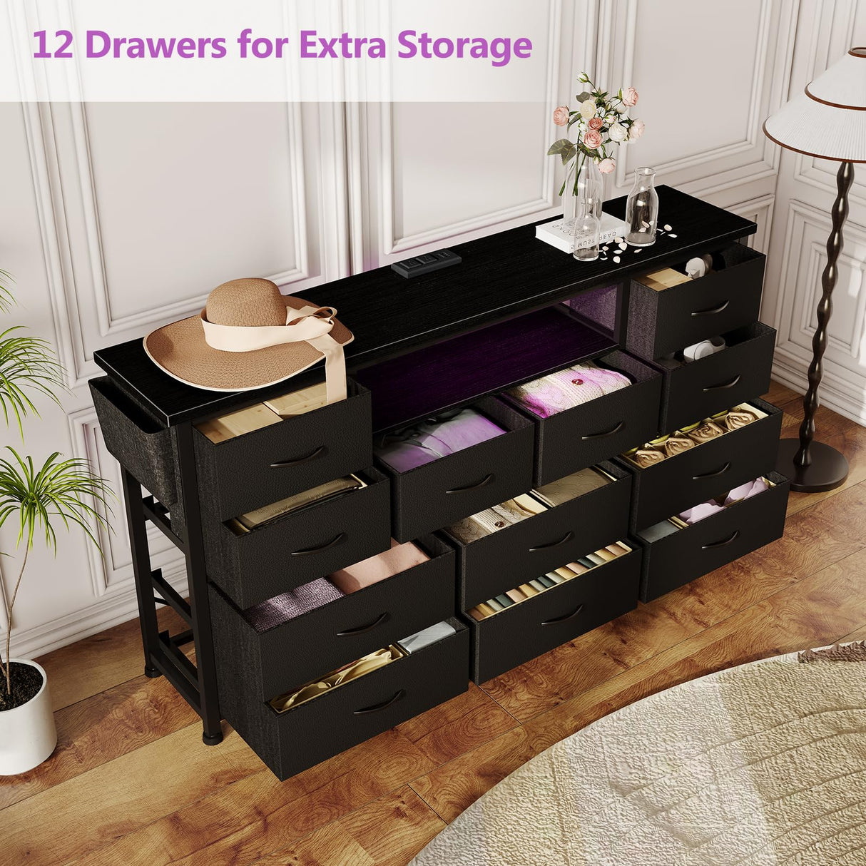 LIVEHOM Dresser TV Stand with Power Outlet & LED for 45'' TV, Long Dresser for Bedroom with 12 Drawers, Wide Console Table for Storage in Closet, Living Room, Entryway, Wood Top LIVEHOM