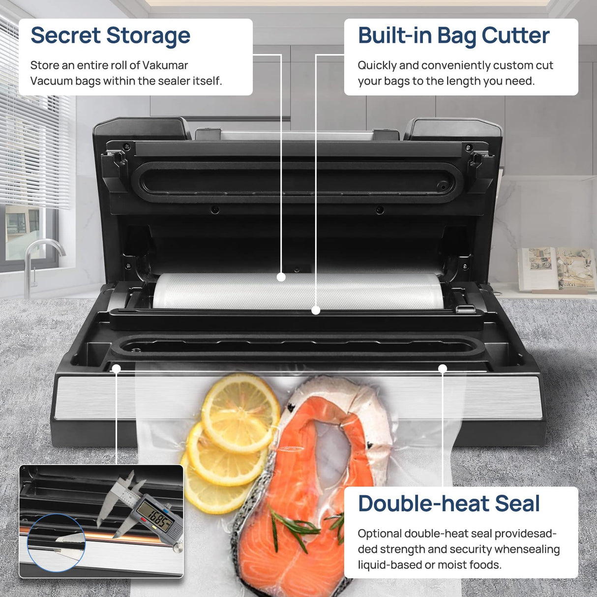 Vakumar Liquid Vacuum Sealer Machine, 90Kpa Vacuum Sealer Machine Preservation Dry/Moist/Liquid Modes, LED Indicator Light, Handle Locked Design, Built-in Cutter and Bag Storage, Removable Drip Tray Vakumar