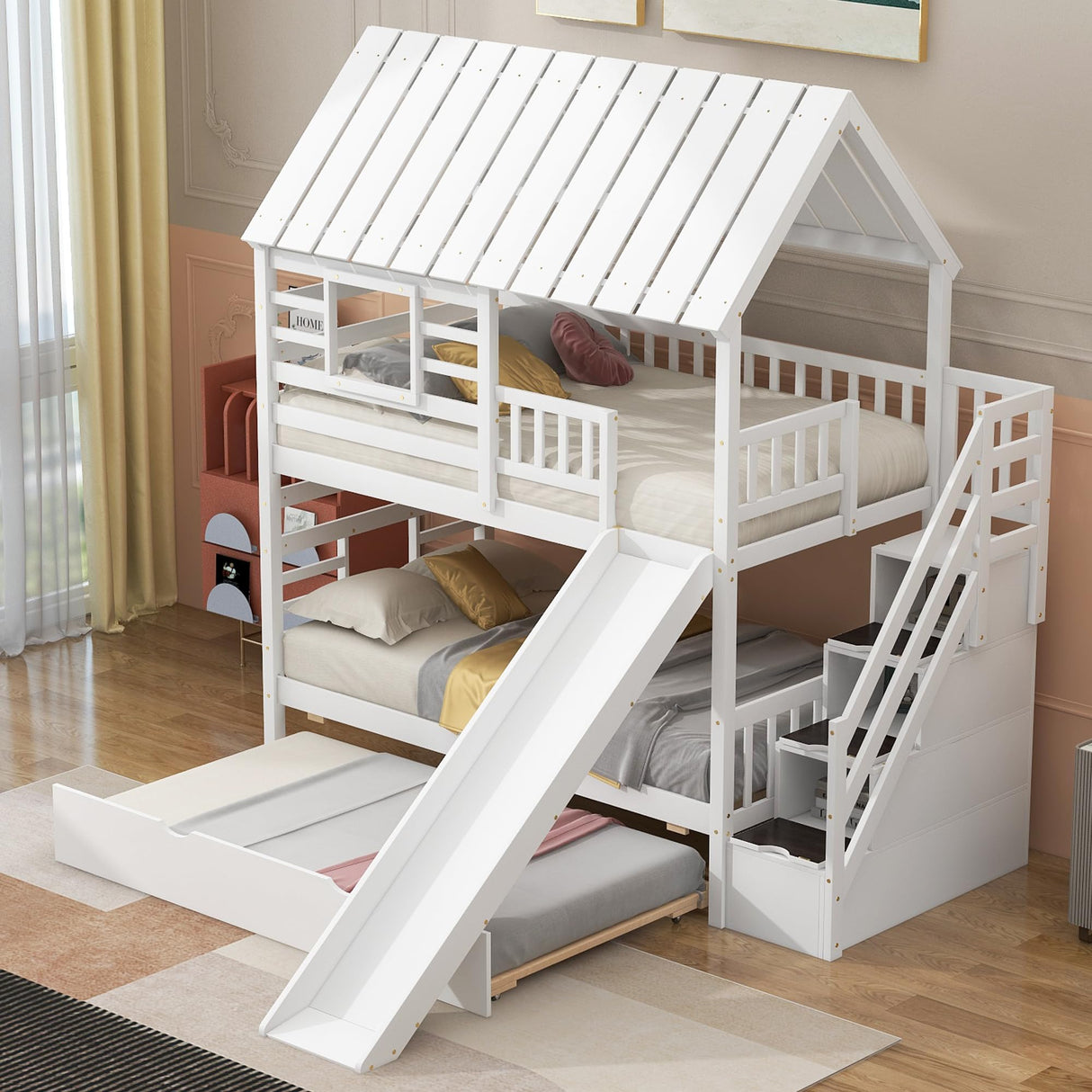 Kids Twin Over Twin Bunk Beds with Slide and Trundle, Solid Wood Bunk Bed Frame with Stairs and Storage, Playhouse Bunk Bed with Roof and Window for Kids, Teens, Girls & Boys (White) Harper & Bright Designs