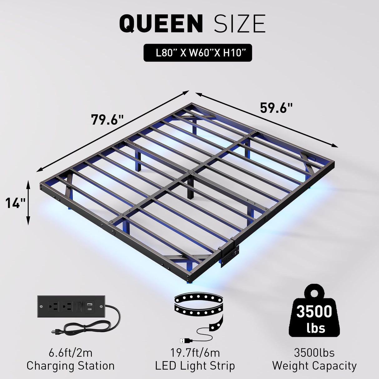 qimamo 14 Inch Floating Queen Bed Frame with Smart LED Lights and Charging Station, Modern Metal Queen Bed Frame, Easy to Assemble, No Box Spring Needed (Queen) qimamo