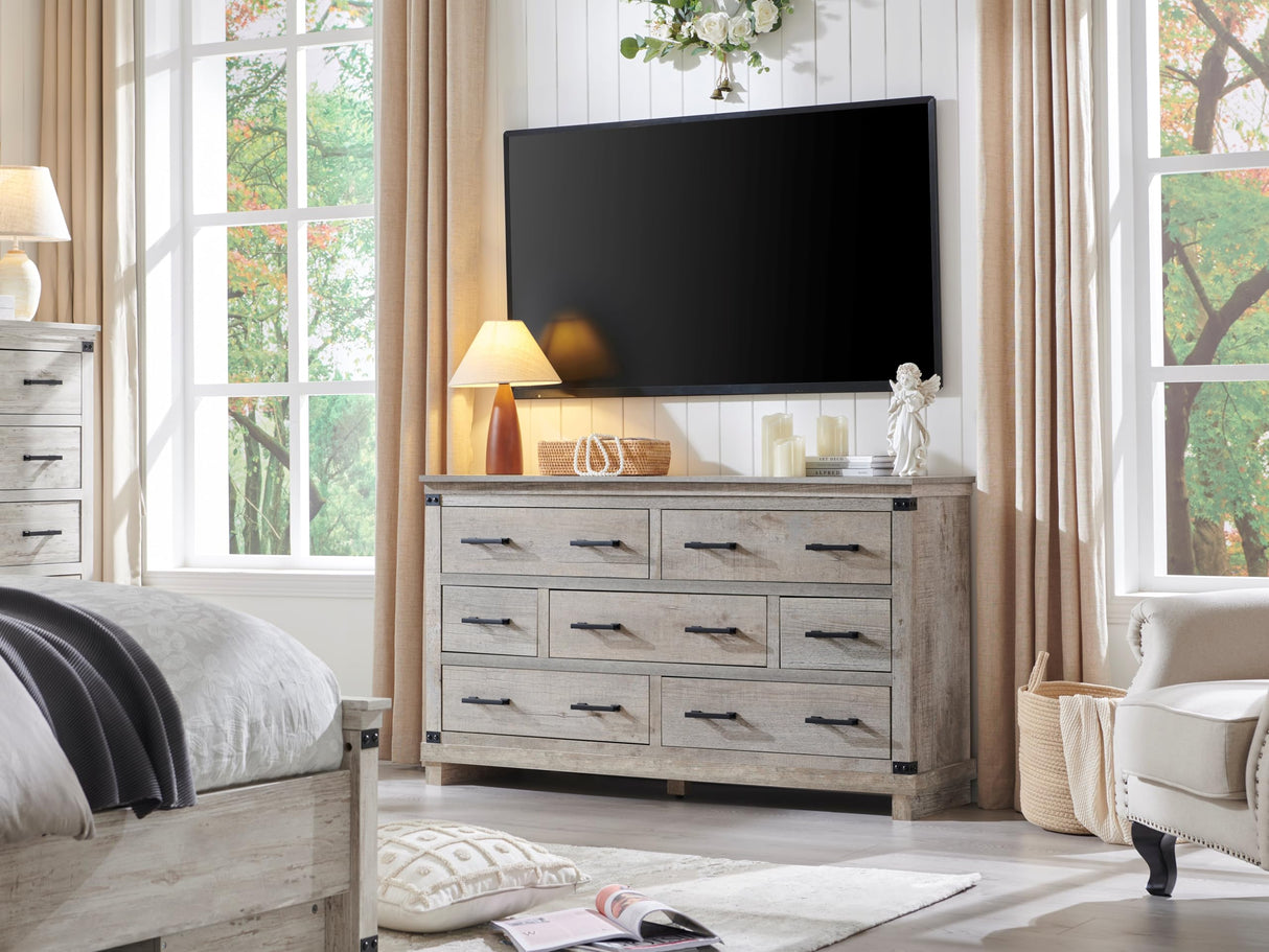 Farmhouse 7 Drawer Dresser for Bedroom - Wood Large Dressers & Chests of Drawers for Closet, 54 Inch Wide Dresser TV Stand with Storage for Bedroom, Living Room, Light Rustic Oak RedLemon