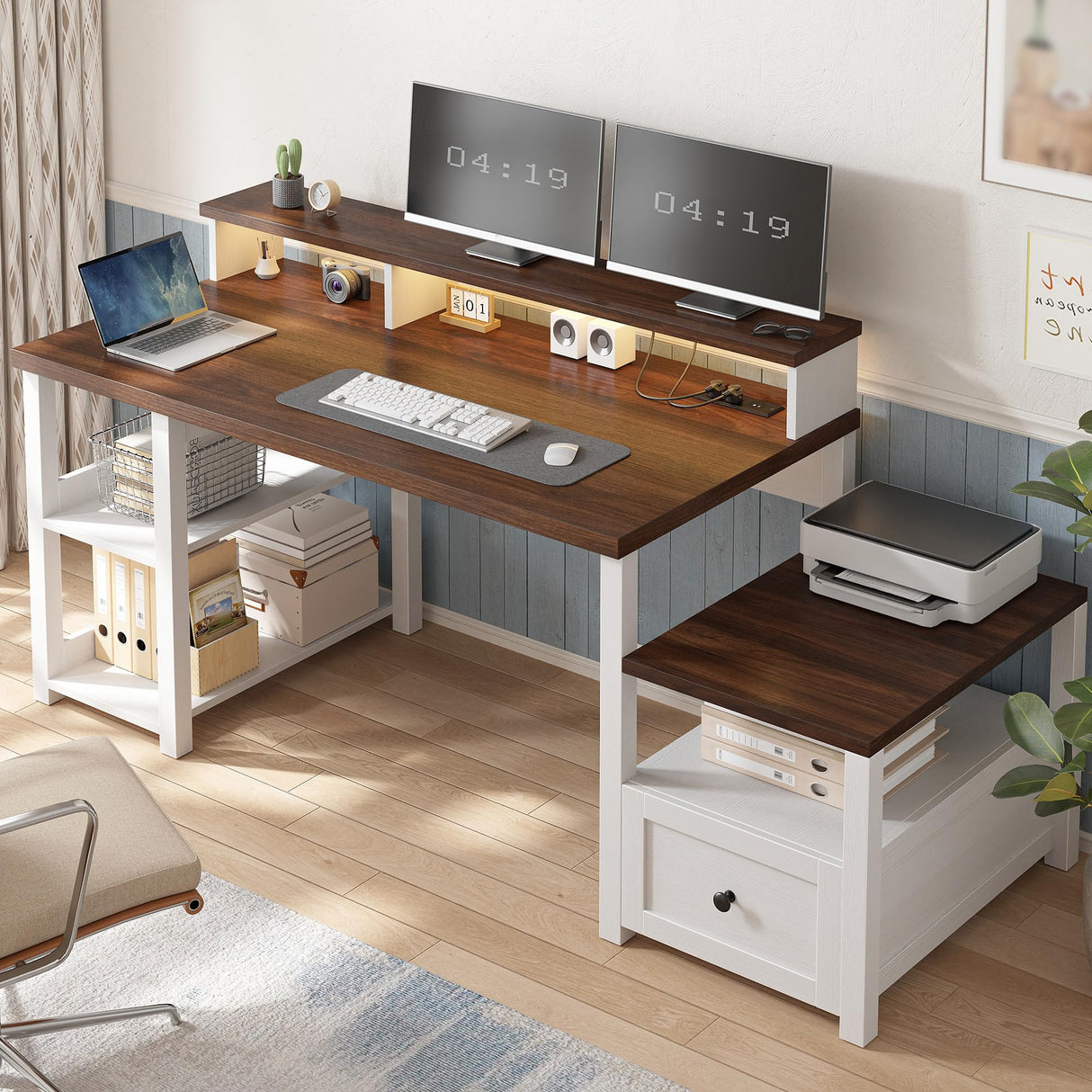 EnHomee 63" Farmhouse Style Computer Desk with Drawers and LED Lights, Storage Shelves and Power Outlets, Home Office Desks with Long Monitor Stand for Work, Study, Writing, Antique White. EnHomee