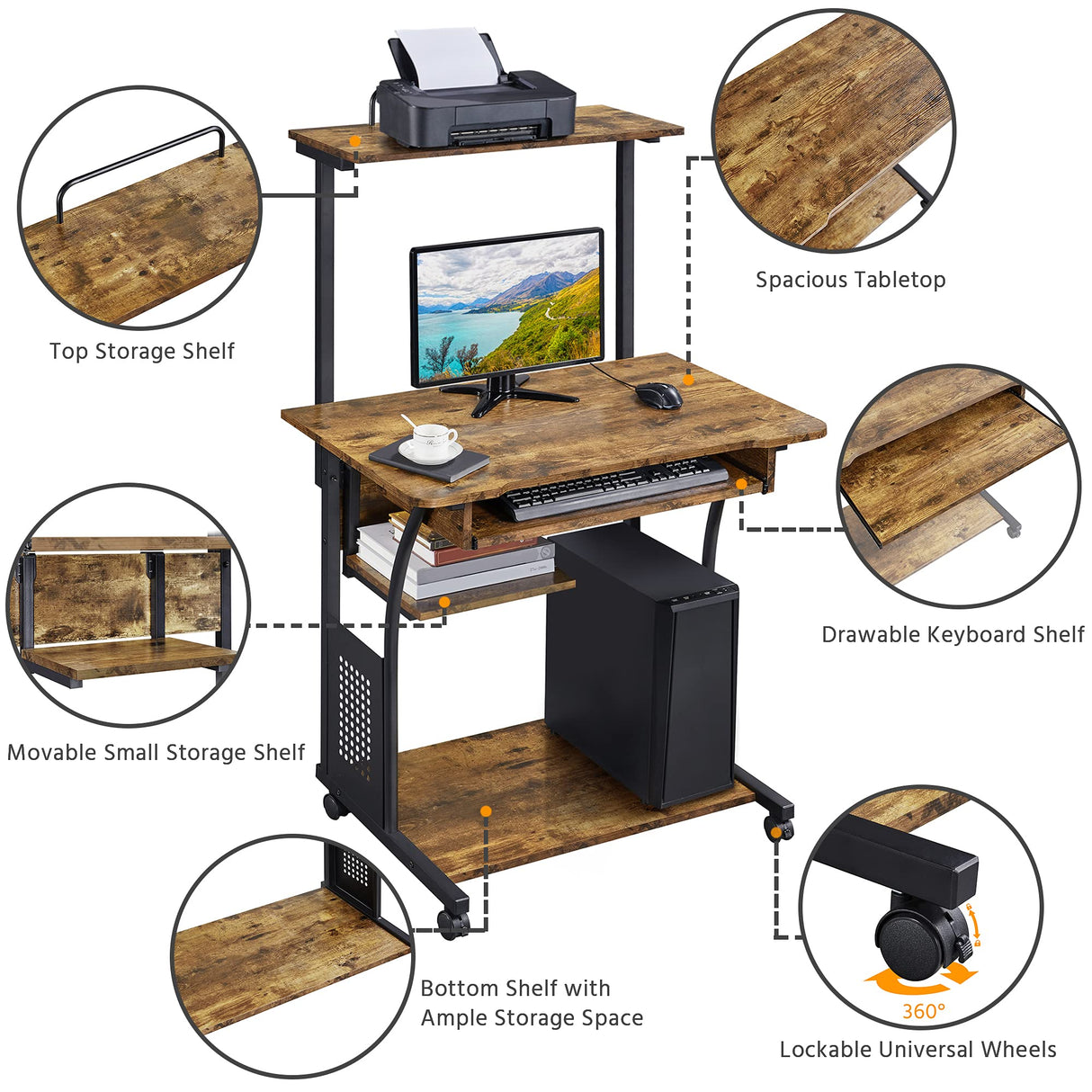 Yaheetech 3 Tiers Rolling Computer Desk with Keyboard Tray and Printer Shelf for Home Office, Mobile Computer Desk for Small Space, Retro Computer Table Compact PC Laptop Workstation, Rustic Brown Yaheetech